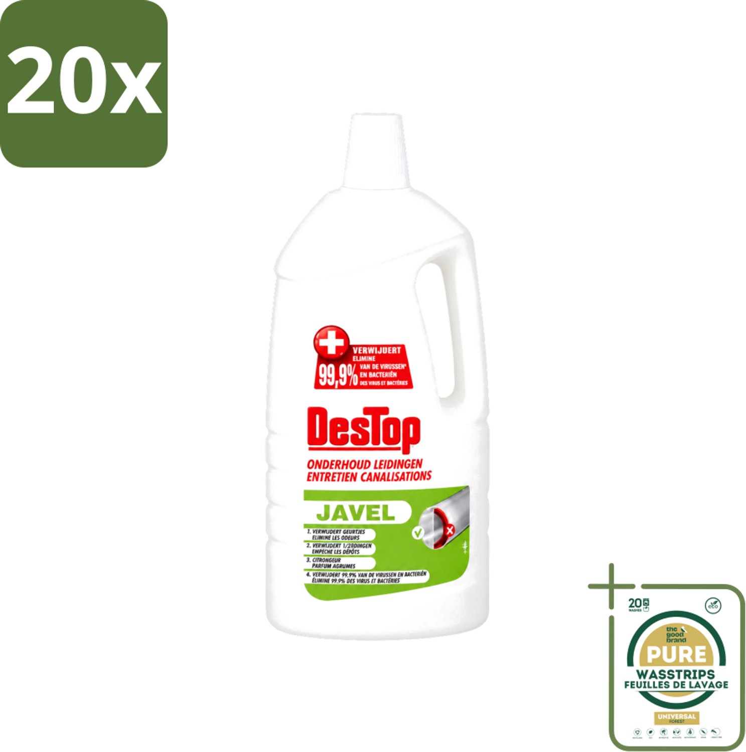 20 x DesTop - Onderhoud Leidingen - Javel - 4-in-1 Werking - Citroengeur - 1,5L - Wasstrips - Leidingen Reinigen - Leidingen Onderhouden - Leidingen Schoon Houden - Leidingen Reinigingsmiddel - Citroengeur