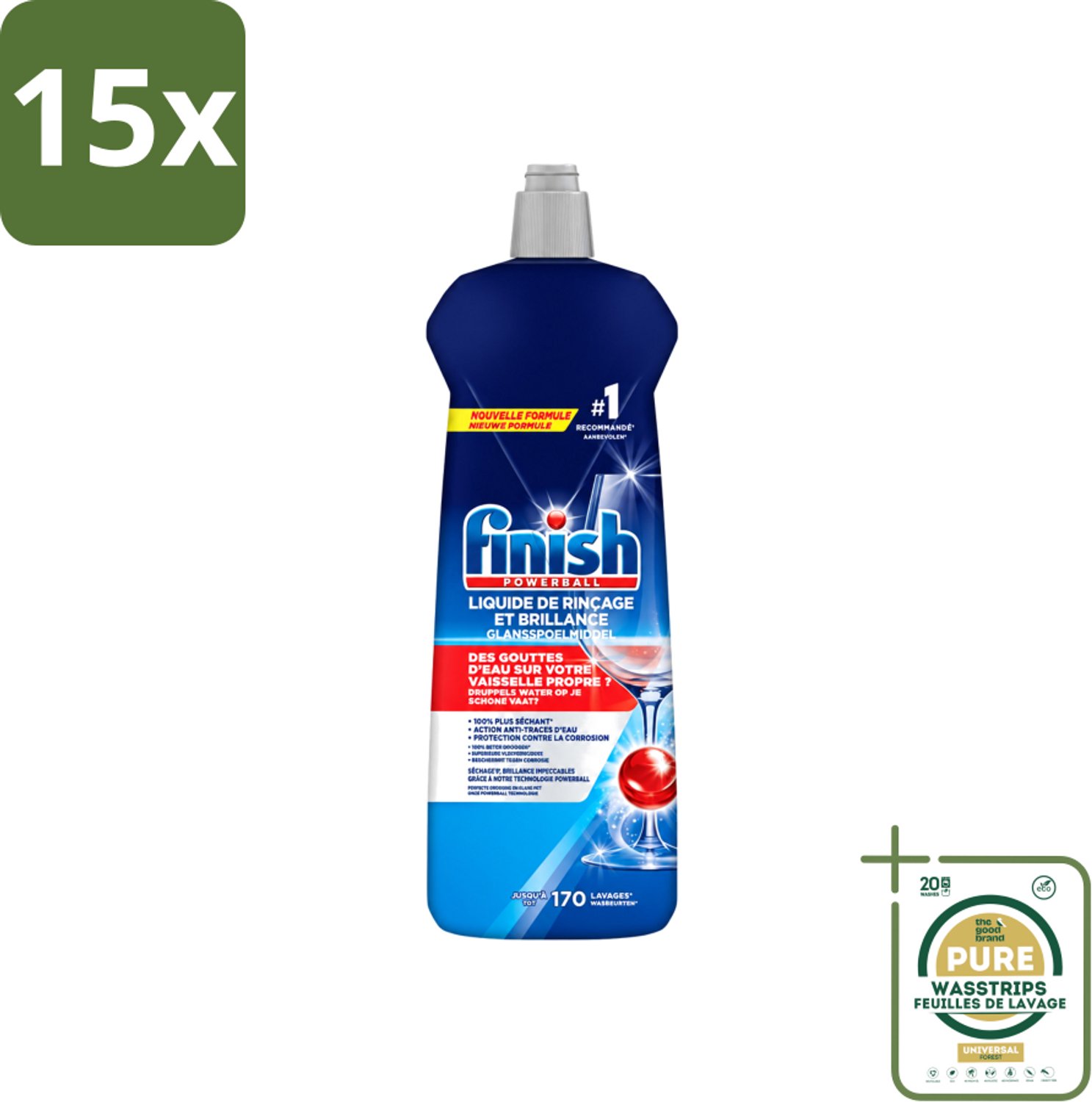 15 x Finish Powerball - Glansspoelmiddel - Anti-Corrosie & Anti-Vervaging - 170 Afwasbeurten - 800ml - Wasstrips - Glansspoelmiddel - Vaatwasmiddel - Anti-kalk - Anti-corrosie - Glans