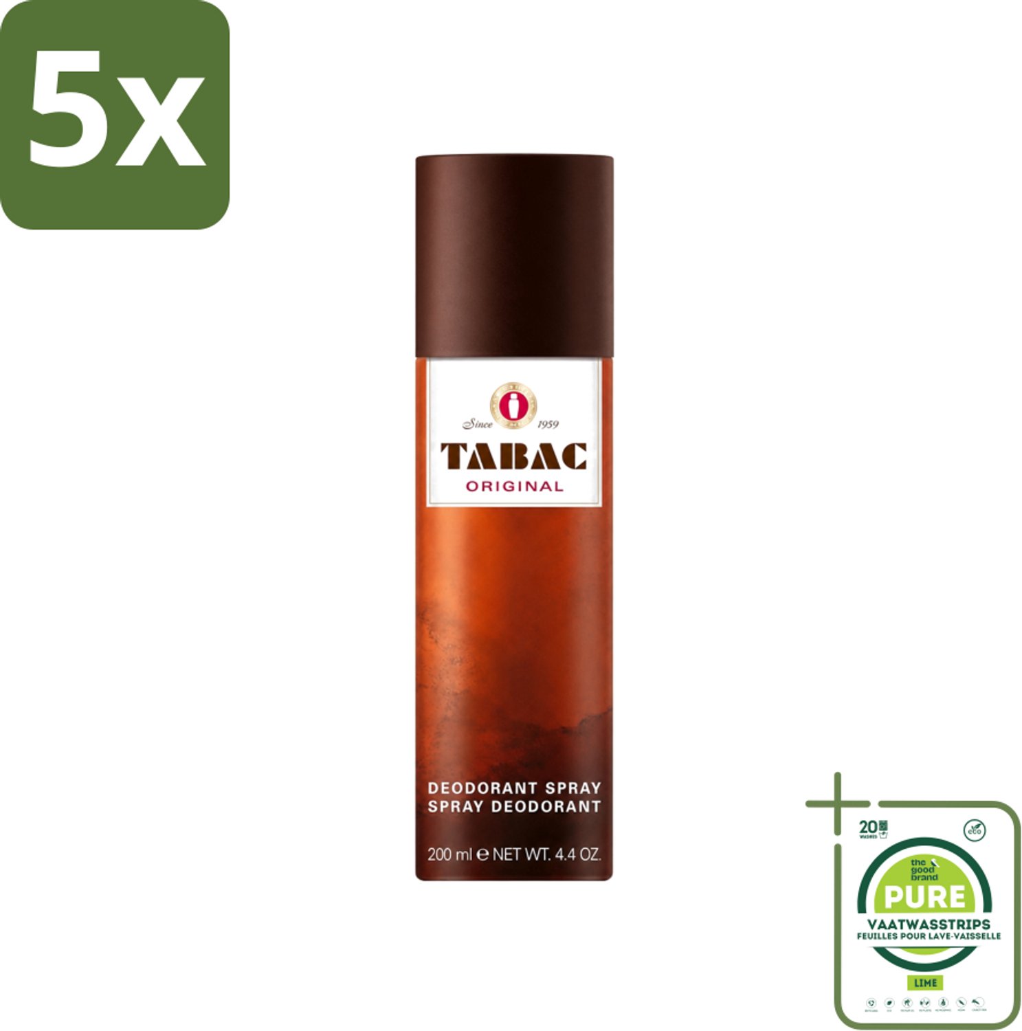 5 x Tabac Original - Deodorant Spray - Anti-transpirant - 200 ml - Grootverpakking - Vaatwasstrips - Deodorant Spray - Anti-transpirant - Zweetvermindering - Geur - Mannelijkheid