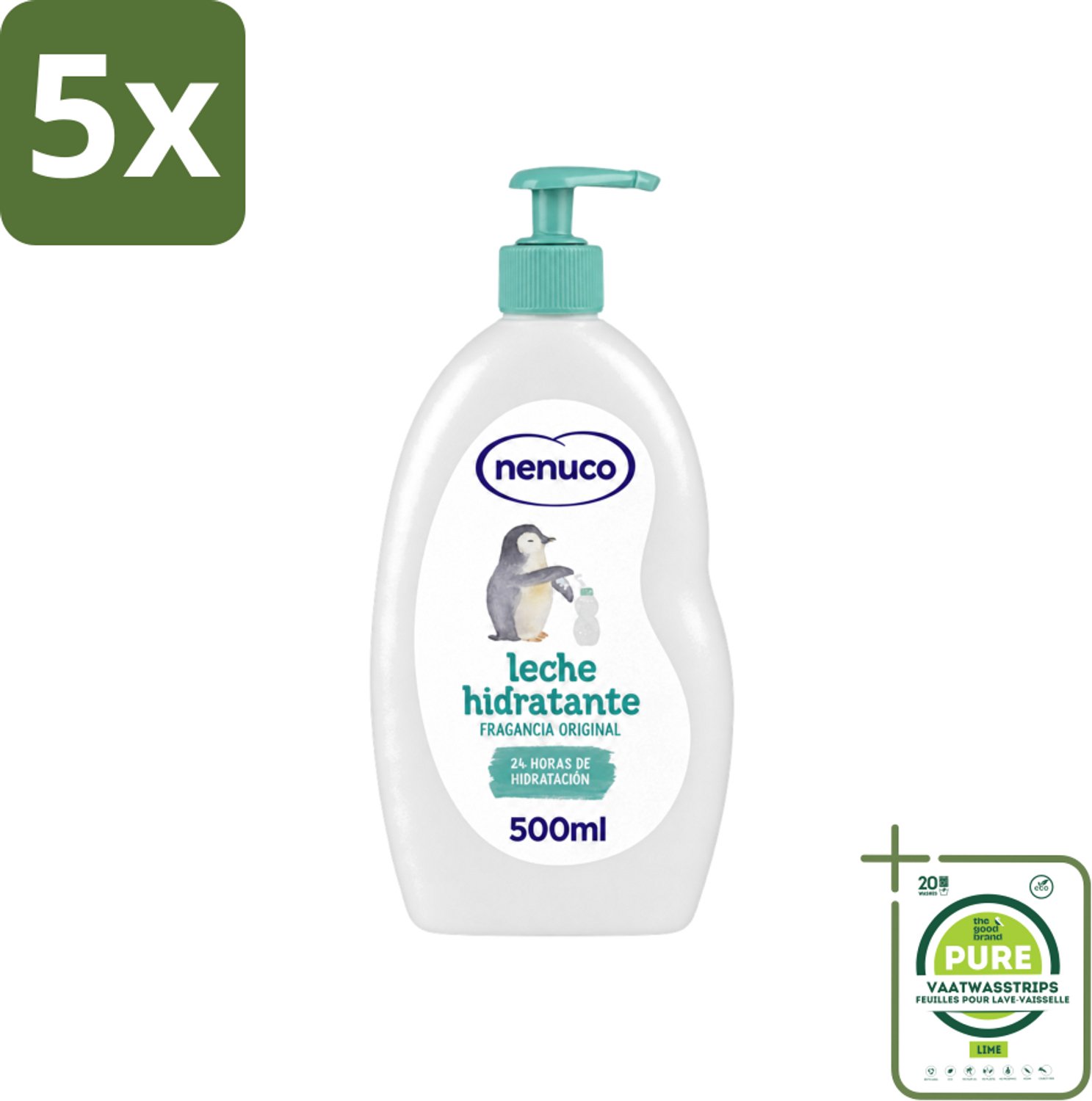 5 x Nenuco - Bodymilk - Verzorgende Bodylotion - Hydraterend - Met Pomp - 500 ml - Grootverpakking - Vaatwasstrips - Babyhuid Verzorging - Bodymilk Voor Baby - Hydraterende Bodylotion - Nenuco Bodymilk - Shea Butter Voor Baby