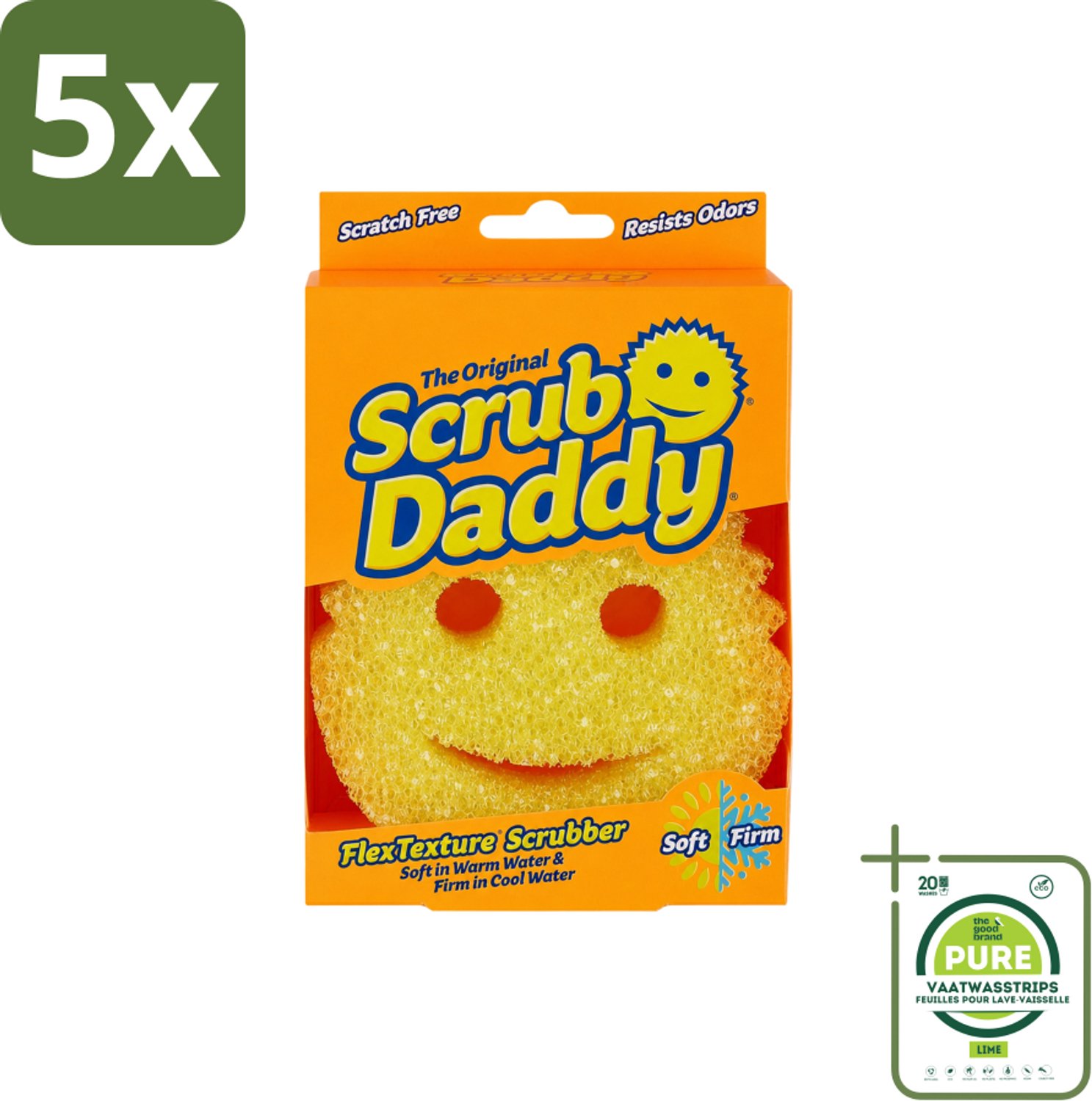 5 x Scrub Daddy - Spons - Veranderende Textuur - 1 Spons - Grootverpakking - Vaatwasstrips - Schoonmaken - Vaat Schoonmaken - Vetvlekken Verwijderen - Koken - Kookgerei Reinigen
