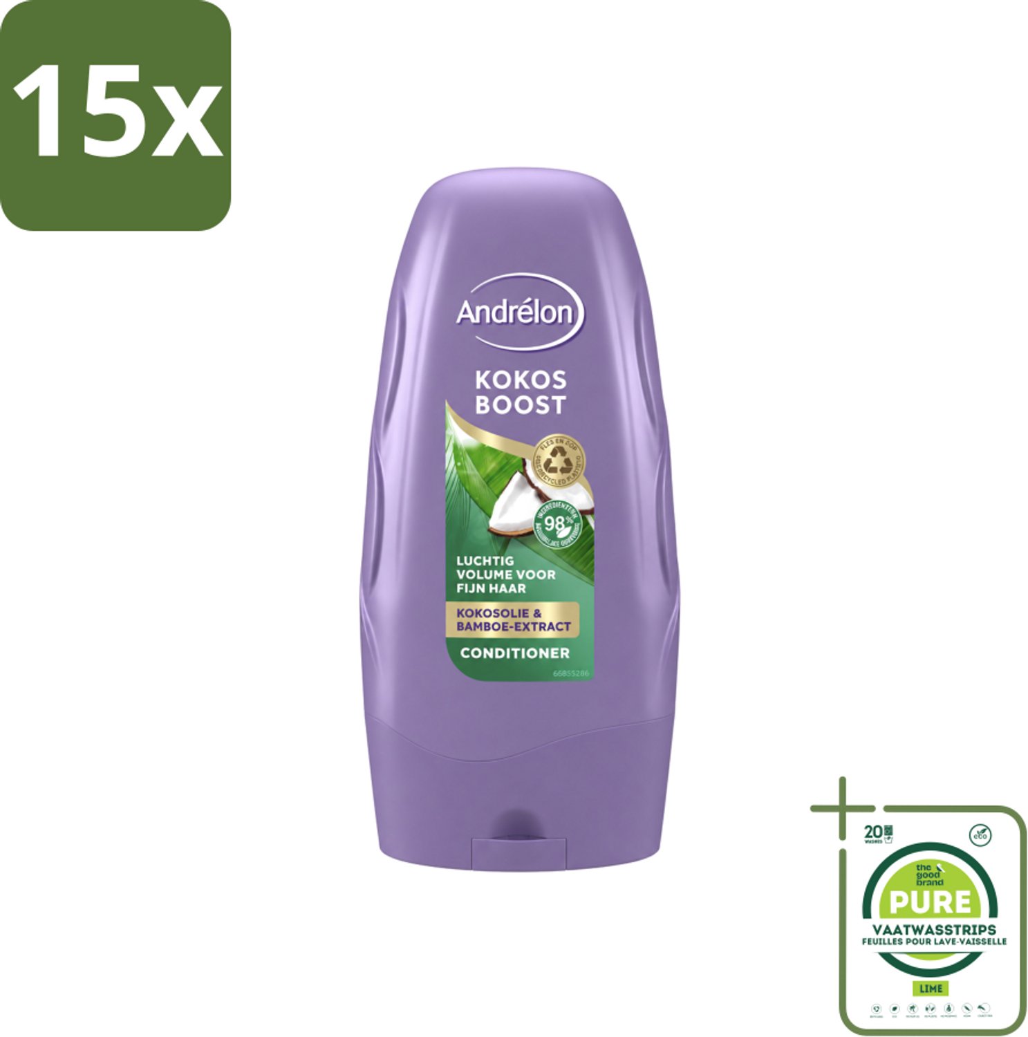 15 x Andrélon - Kokos Boost - Conditioner - Intensieve Voeding - 250 ml - Grootverpakking - Vaatwasstrips - Conditioner Voor Fijn Haar - Kokosolie Conditioner - Volume Voor Haar - Voeding Voor Haar - Bamboe-extract Conditioner