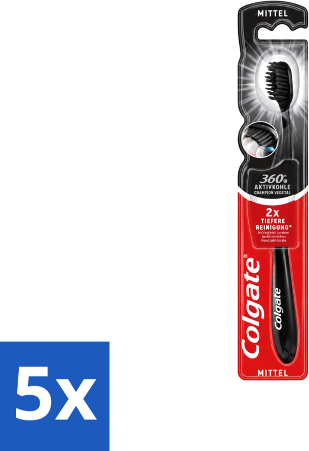 5 x Colgate - Tandenborstel - Charcoal Black 360 Medium - Zwart - 1 Tandenborstel - Voordeelverpakking - 5 stuks