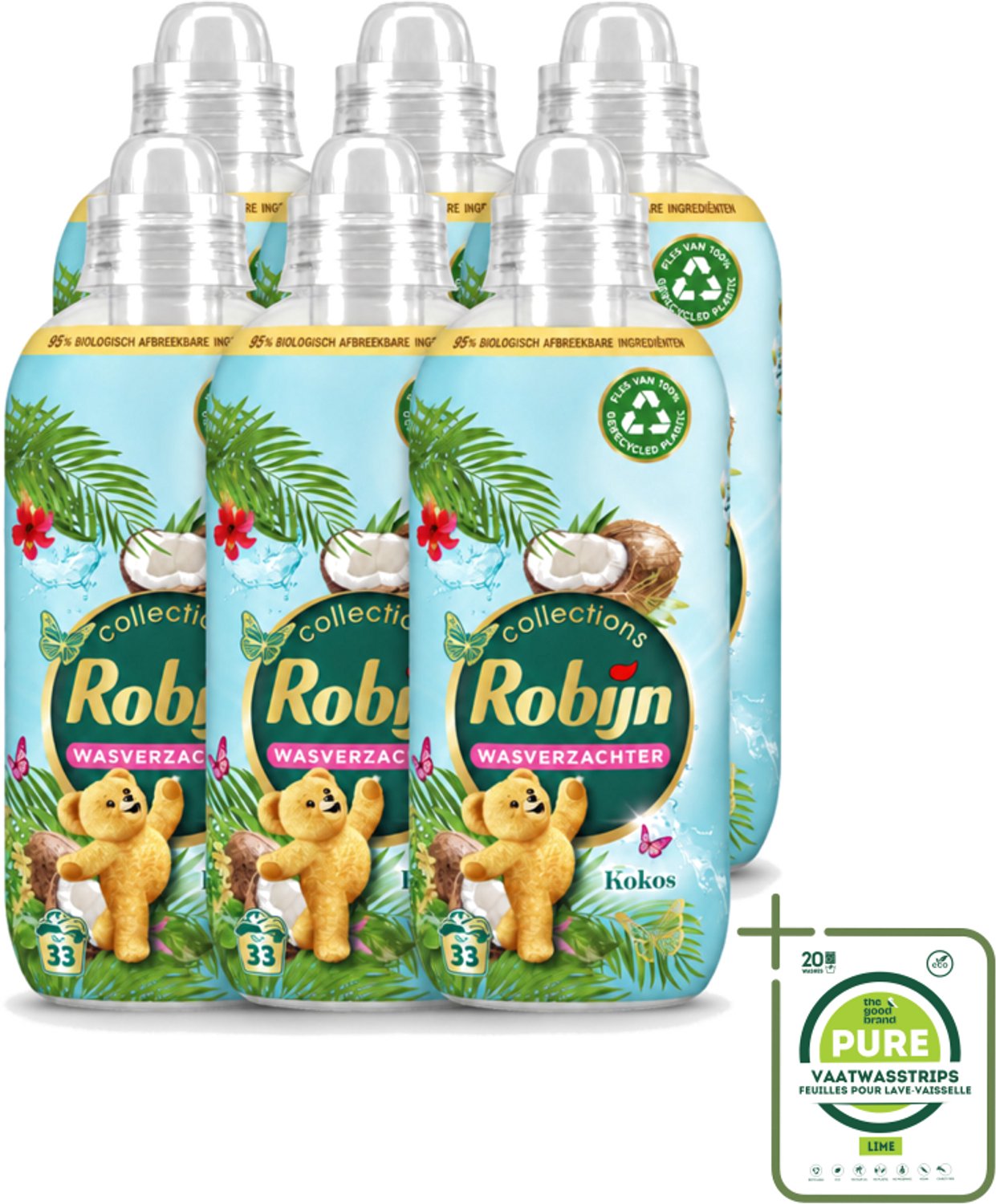6 x Robijn - Kokos Sensation - Wasverzachter - Tropische Geur - 33 Wasbeurten - 825 ml - Grootverpakking - Vaatwasstrips - Wasverzachter - Kokosgeur - Wasroutine - Zachte Kleding - Tropisch Geur