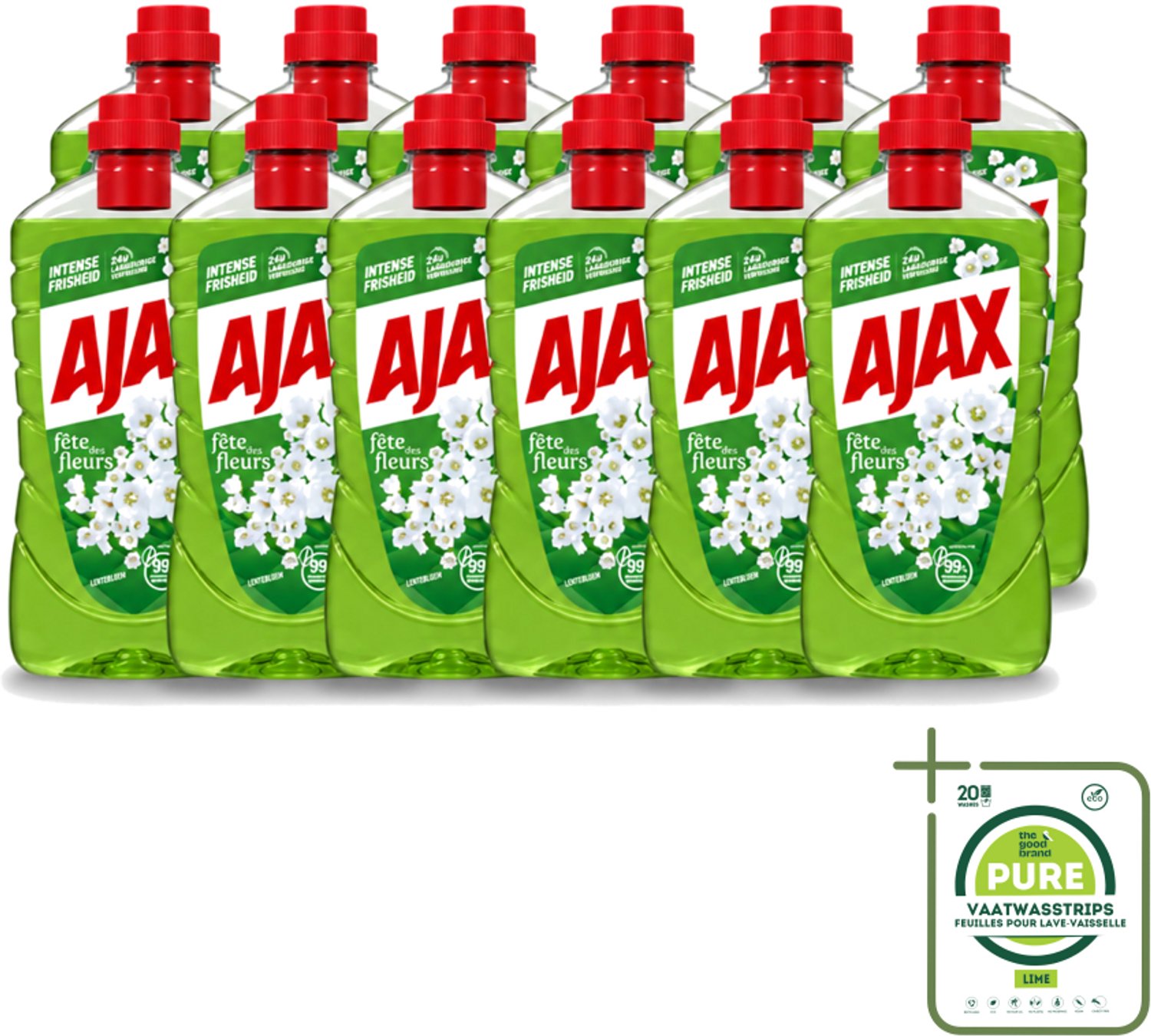 12 x Ajax - Allesreiniger - Fête des Fleurs - Lentebloem - Met Essentiële Oliën - 1 L - Grootverpakking - Vaatwasstrips - Allesreiniger - Natuurlijke Reiniger - Frisse Geur - Reinigingskracht - Lentebloem