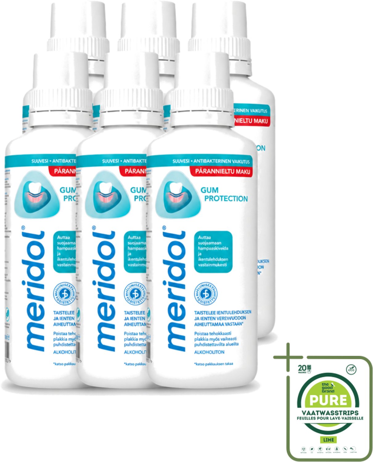 6 x Meridol - Mondspoeling - Dagelijkse Mondverzorging - Voorkomt Tandvleesproblemen - 400 ml - Grootverpakking - Vaatwasstrips - Mondspoeling - Tandvleesverzorging - Tandvleesproblemen - Mondhygiëne - Plaquebacteriën