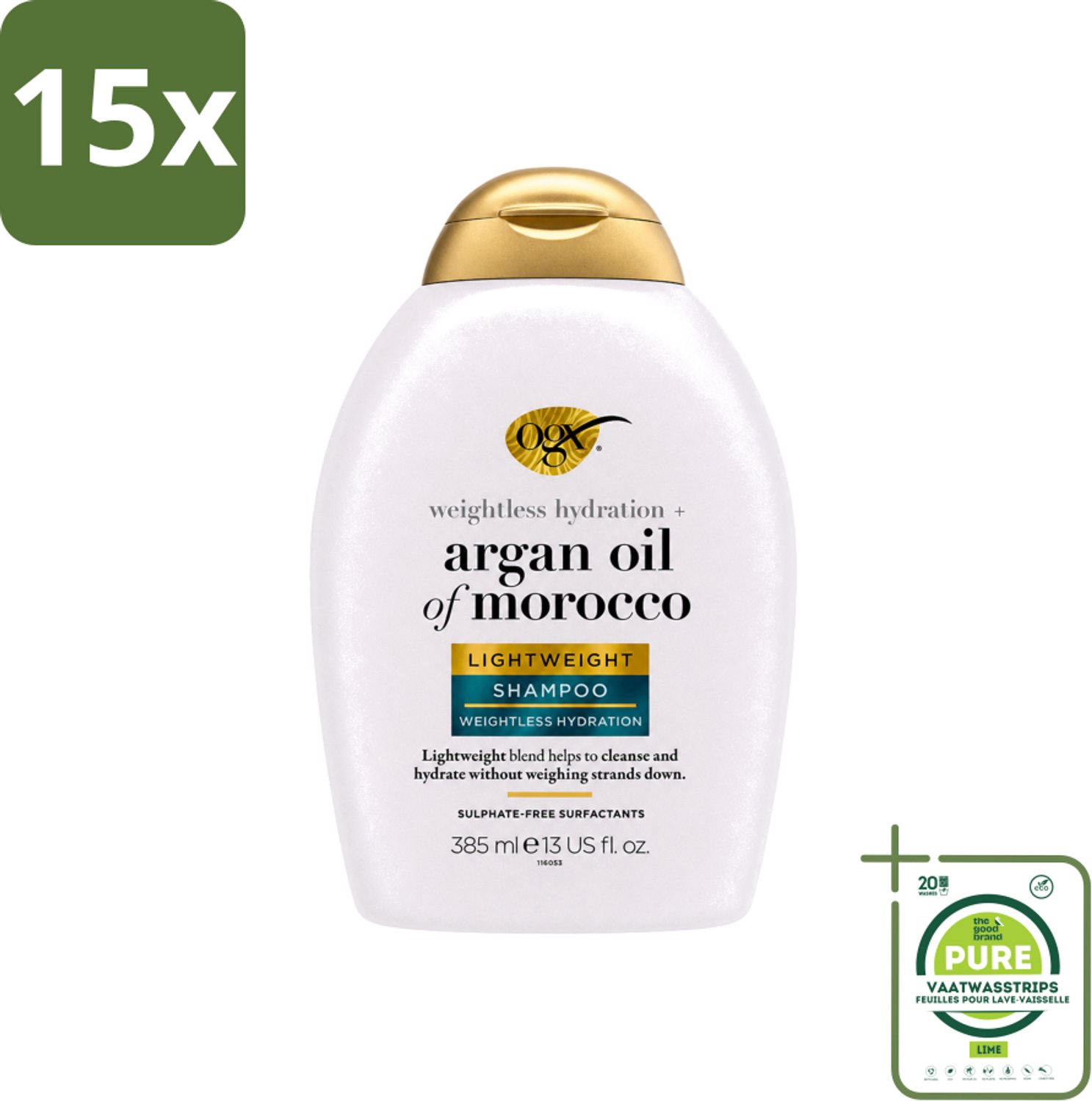 15 x OGX - Argan Oil of Morocco - Shampoo - Lichtgewicht - Voor Dagelijks Gebruik - 385 ml - Grootverpakking - Vaatwasstrips - Luchtige Shampoo - Arganolie Shampoo - Dagelijks Wassen - Gezonde Glans - Haar Verzorging
