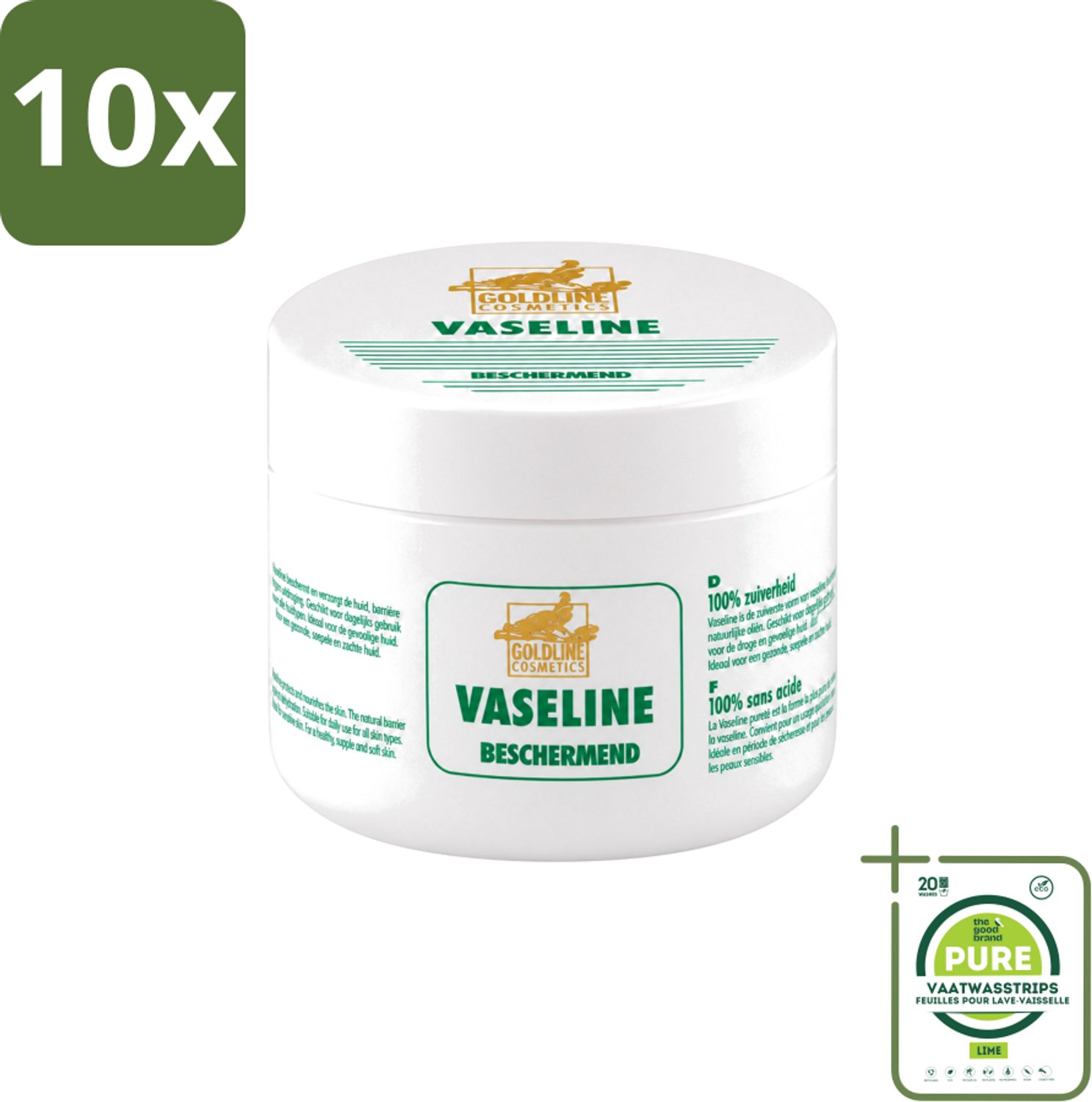 10 x Goldline - Vaseline - Huidverzorging - Beschermend & Hydraterend - 250 ml - Grootverpakking - Vaatwasstrips - Bodycrème - Hydratatie - Bescherming - Huidverzorging - Vocht Vasthouden
