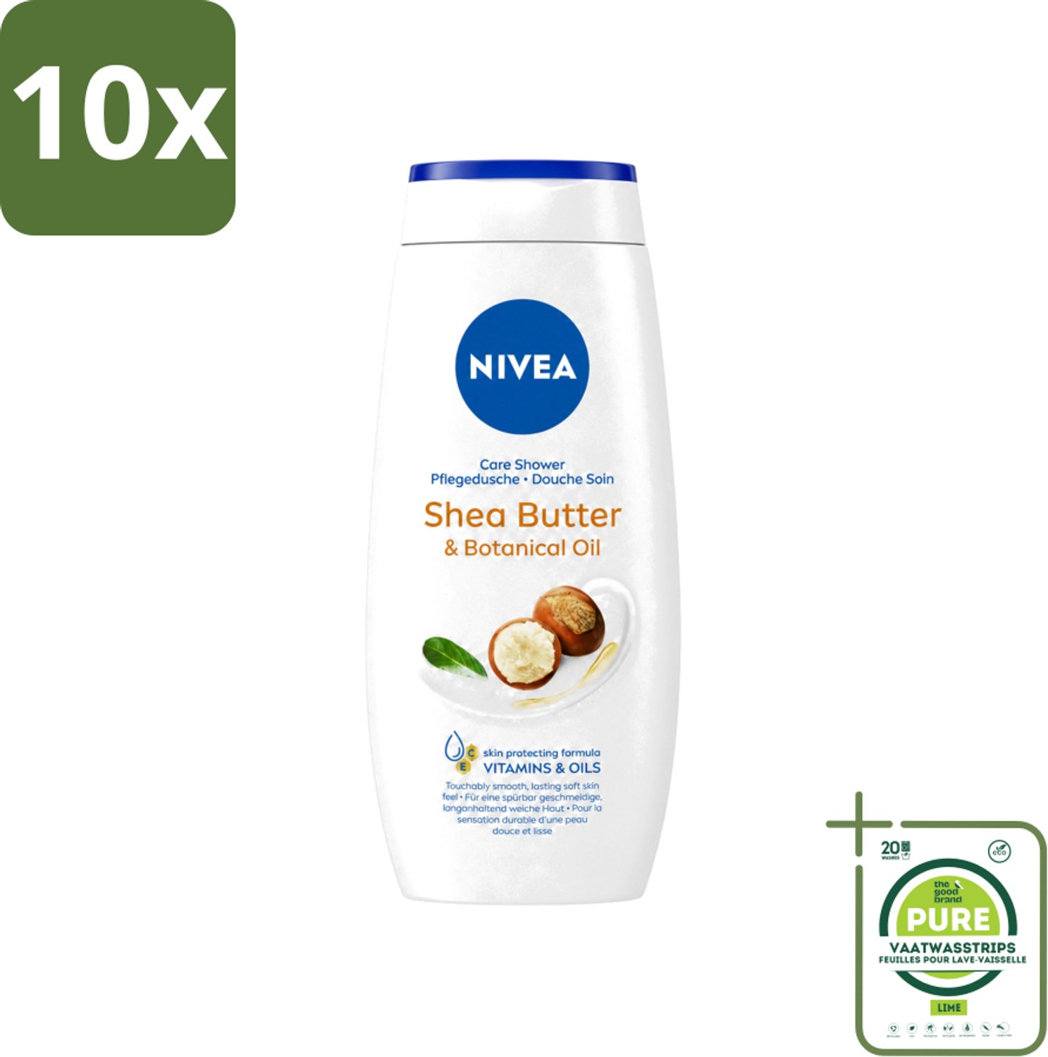 10 x Nivea - Douchegel - Shea Butter & Botanical Oil - 250 ml - Grootverpakking - Vaatwasstrips - Douchegel - Shea Butter - Natuurlijke Olie - Huid Verzorging - PH Neutraal