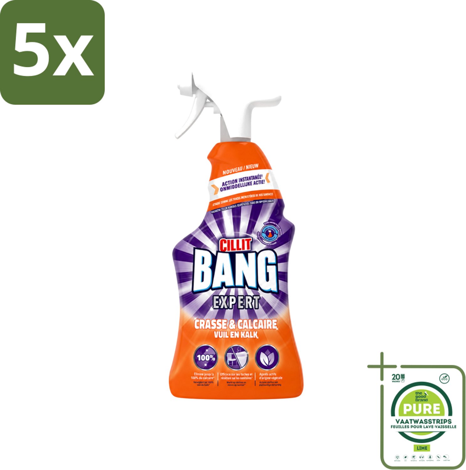 5 x Cillit Bang - Lime & Grime Spray - Verwijdert Vuil en Kalk - 750 ml - Grootverpakking - Vaatwasstrips - Schoonmaken - Reinigen - Kalk Verwijderen - Vet Verwijderen - Vuil Verwijderen