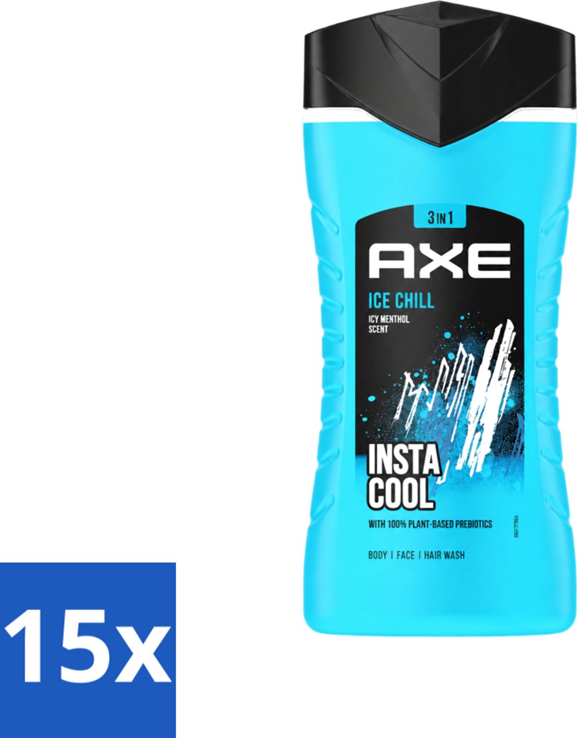 15 x Axe - 3-in-1 Douchegel - Ice Chill - Icy Menthol - Insta Cool - 100% Plantaardig - 150 ml - Voordeelverpakking - 15 stuks