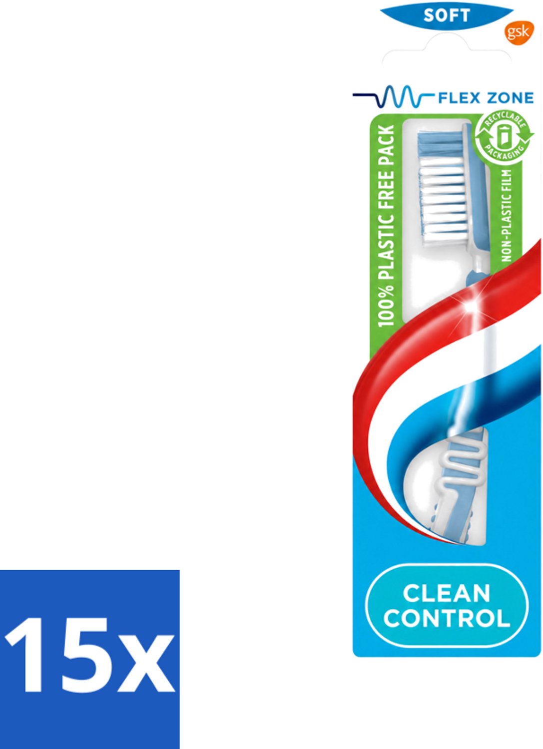 15 x Aquafresh - Tandenborstel - Clean Control - Soft - Zachte Reiniging - 1 Tandenborstel - Voordeelverpakking - 15 stuks