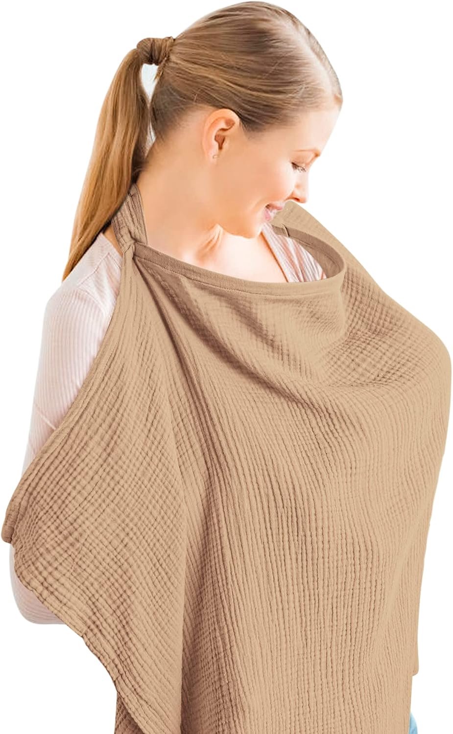Voedingshoes voor Baby Borstvoeding, Ademend 100% Katoen Borstvoeding Cover met Stijve Hoepel voor Moeder Borstvoeding Schort Multi-use Carseat Canopy (Zand)