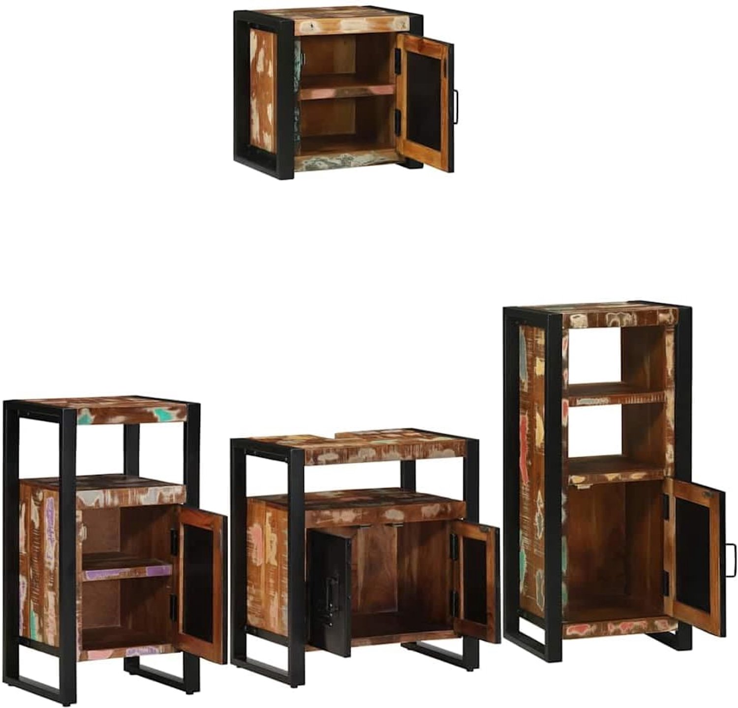 Badkamermeubelset 4 stuks meerkleurig zwart wandmontage massief houten deur