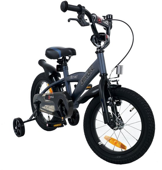 Driekwart aanzicht van een blauwe 2Cycle Biker kinderfiets met zijwieltjes en oranje reflectoren.