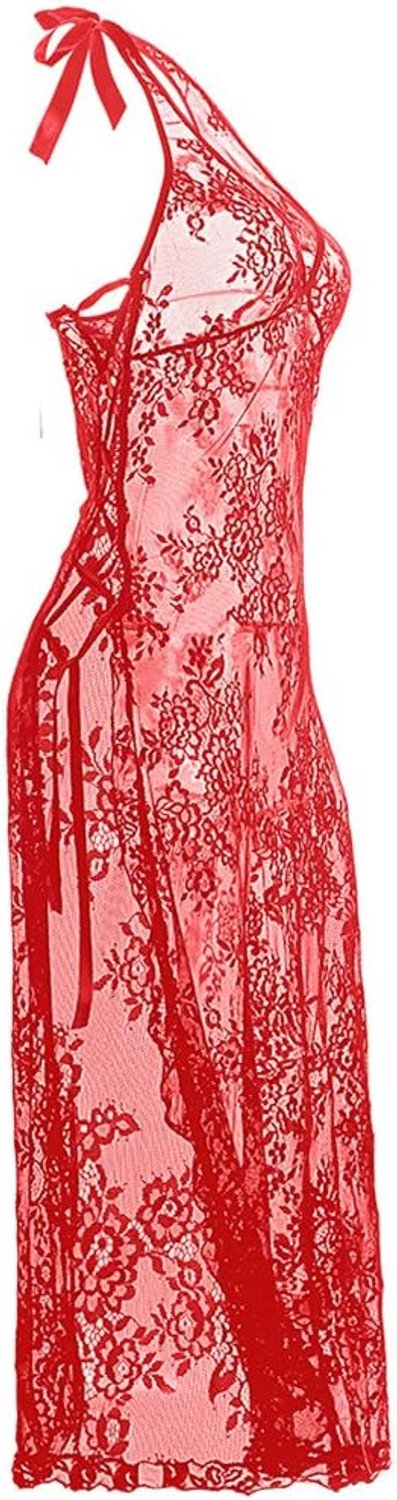Sexy lingerie elegante diepe V-hals negligé sexy perspectief lingerie sets jurk kant sexy babydolls negligés, grote maat S-5XL, rood, XL