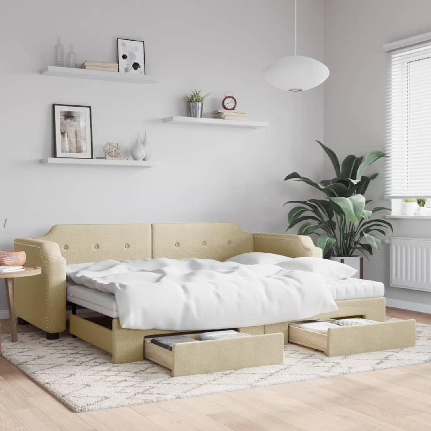 2 in 1 Schuimmatras Slaapbank met onderschuifbed 100x200 cm Crème