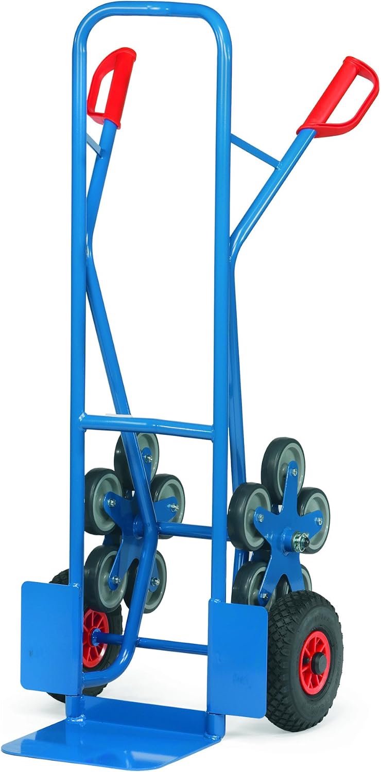 Stalen trapkar met stalen buizenbuis, draagvermogen 200 kg, schep T 320 x 250 mm, 2 wielen luchtbanden met 2 vijf wielsterren, H x B 1300 x 590 mm, blauw