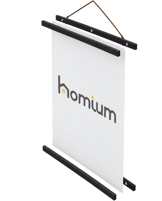 Zwarte houten posterhanger met magneten en een koord voor aan de muur.