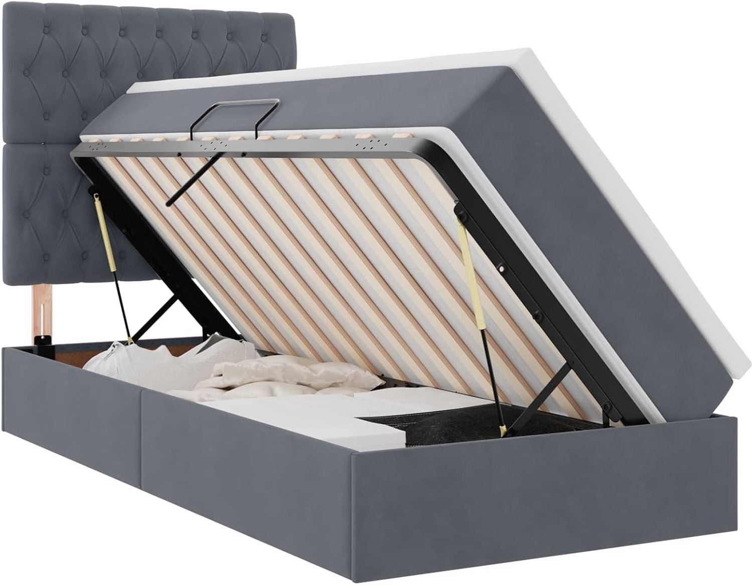 Donkergrijs, 100 x 200 cm, fluweel, met opbergruimte en matras, bedframe met geïntegreerde ledstrips en hydraulisch hefmechanisme