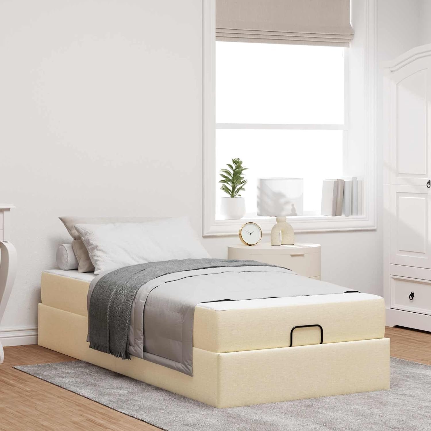 Bedframe met matras, 2 stuks, crèmestof, slank design met opbergruimte en middelsterk schuimcomfort voor een goede nachtrust