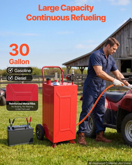 Brandstoftrolley - Mobiel Brandstoftanksysteem - 113,6 l - 12V Elektrische Pomp - Voor Benzine en Diesel - 2 Wielen - Oliepeilindicator - Rood — afbeelding 4