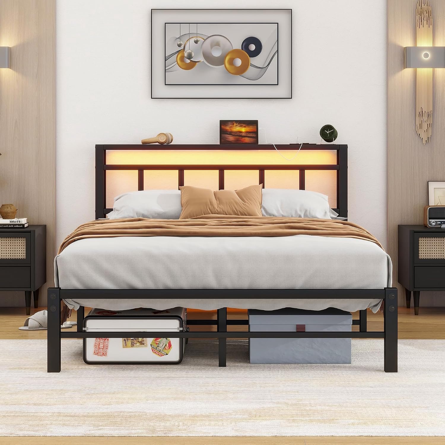 120 x 200 cm met ledverlichting, bedframe van metaal, met laadstation (1 AC-stopcontact, 2 USB-poorten), metalen bed, 120 x 200 cm, met hoofdeinde, bedframe met lattenbodem en opbergruimte onder
