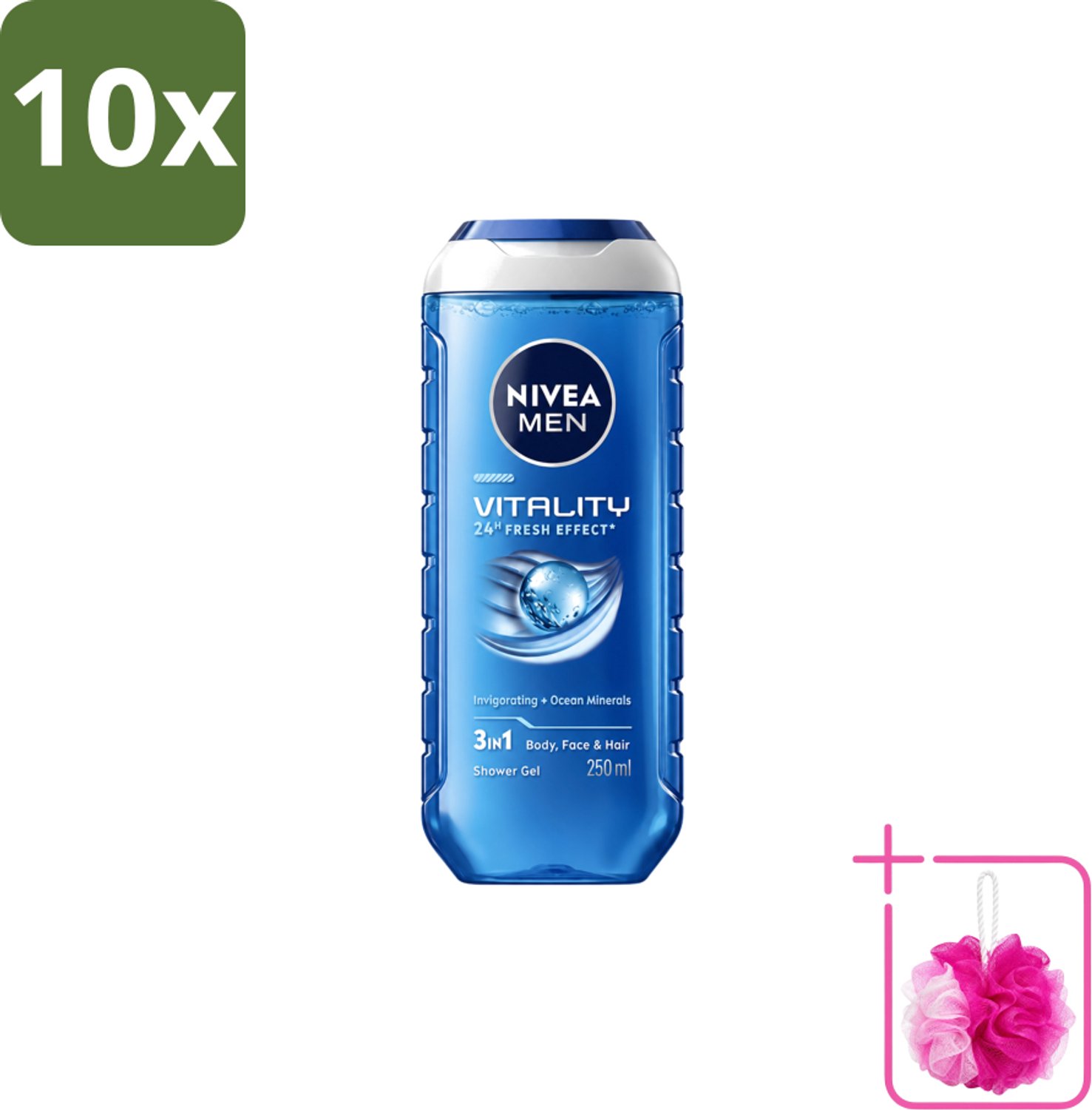 10 x Nivea Men – Douchegel – Vitality 3-in-1 – 250 ml - Bulkverpakking - Douchegel voor mannen - Douchemop - Frisheid