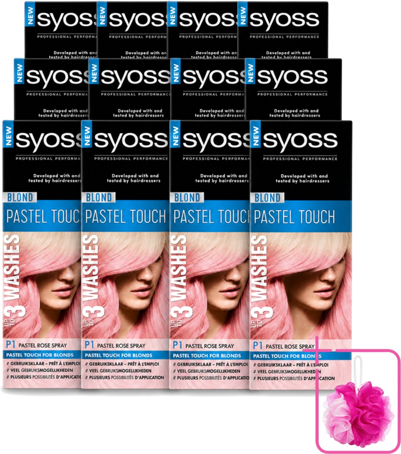12 x Syoss Color Blond Pastel Touch P1 Pastel Rose - Haarverf Spray - Pastel Rose - Bulkverpakking - Haarverf Spray - Douchemop - Pastel Rose
