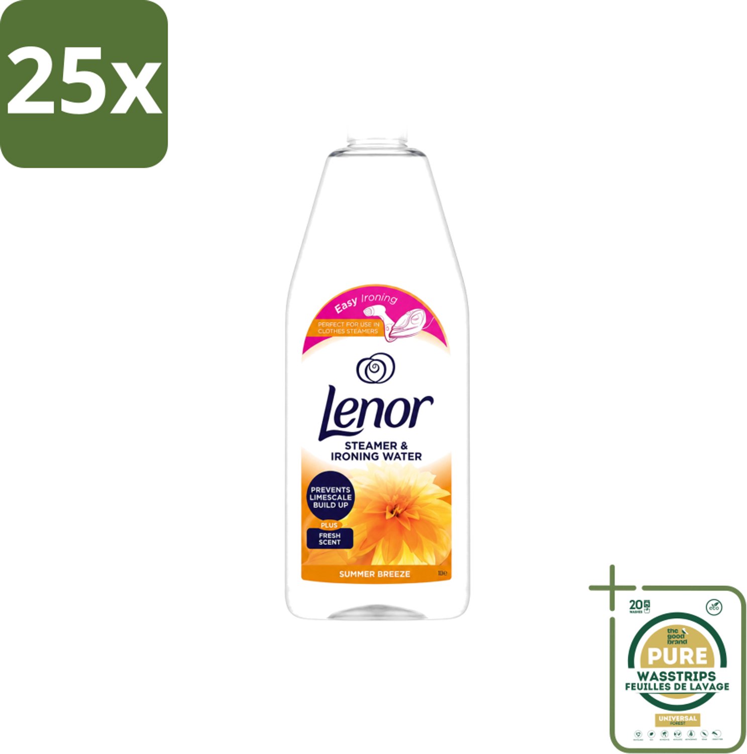 25 x Lenor - Strijkwater - Summer Breeze - Textielverfrisser - 1000 ml - Wasstrips - Strijkwater Summer Breeze - Textielverfrisser - Zomerse Geur - Frisheid - Kledingverfrisser