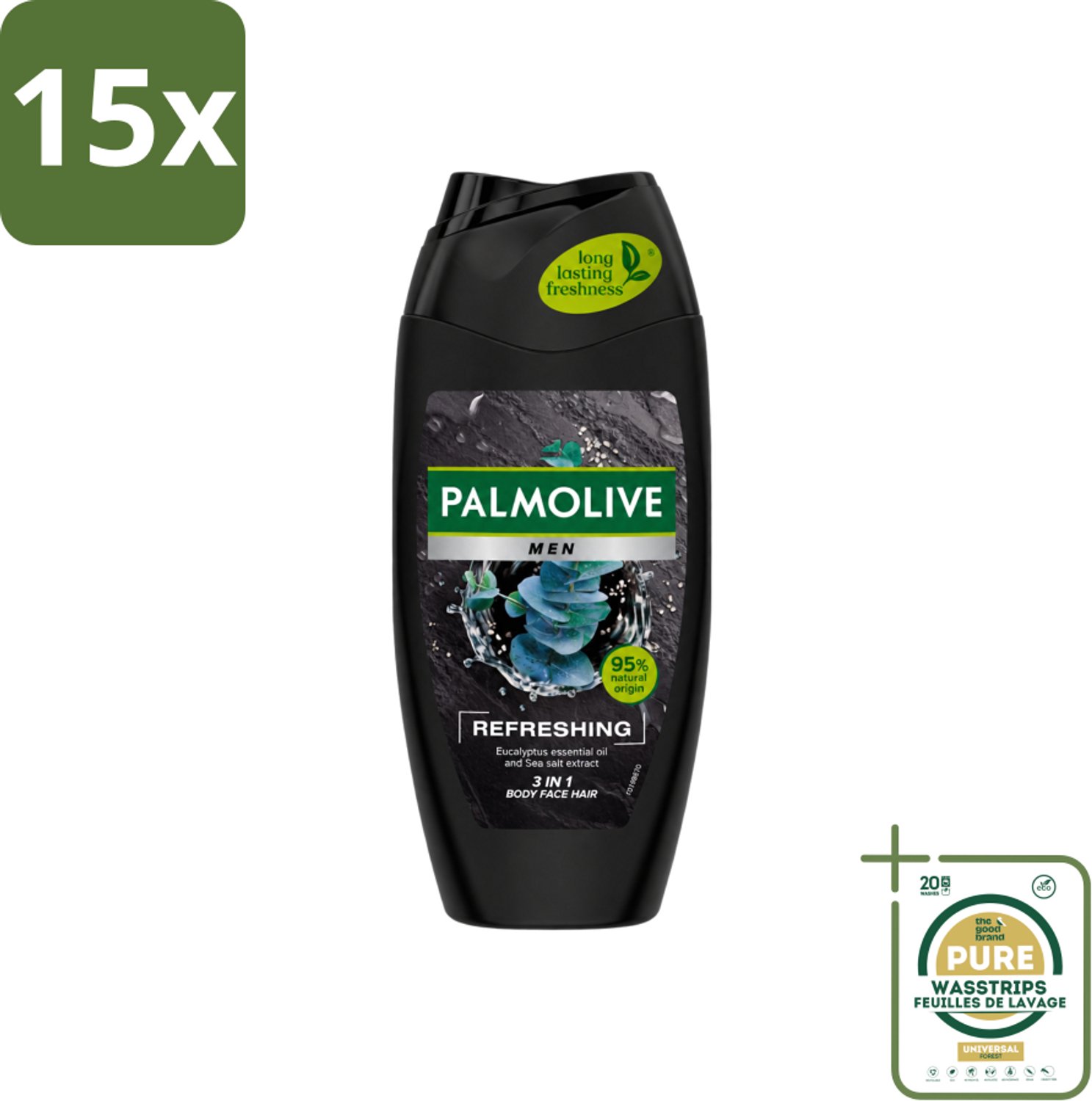 15 x Palmolive Men - 3in1 Douchegel - Refreshing - Fris & Verzorgend - 250 ml - Wasstrips - Douchegel Voor Mannen - Verfrissende Douchegel - Fris En Verzorgend - Citrus En Eucalyptus - Hydraterende Douchegel