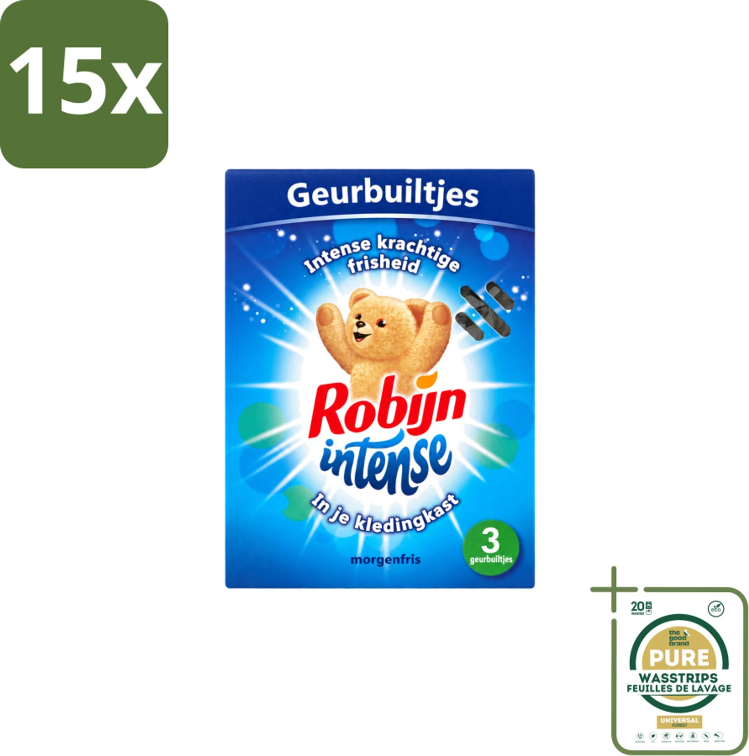 15 x Robijn - Intense - Geurbuiltjes - Langdurige Geur - Intense Frisheid - 3 Geurbuiltjes - Wasstrips - Geur In Kleding - Langdurige Geur - Frisse Geur - Geurbuiltjes - Kledingkast Geur