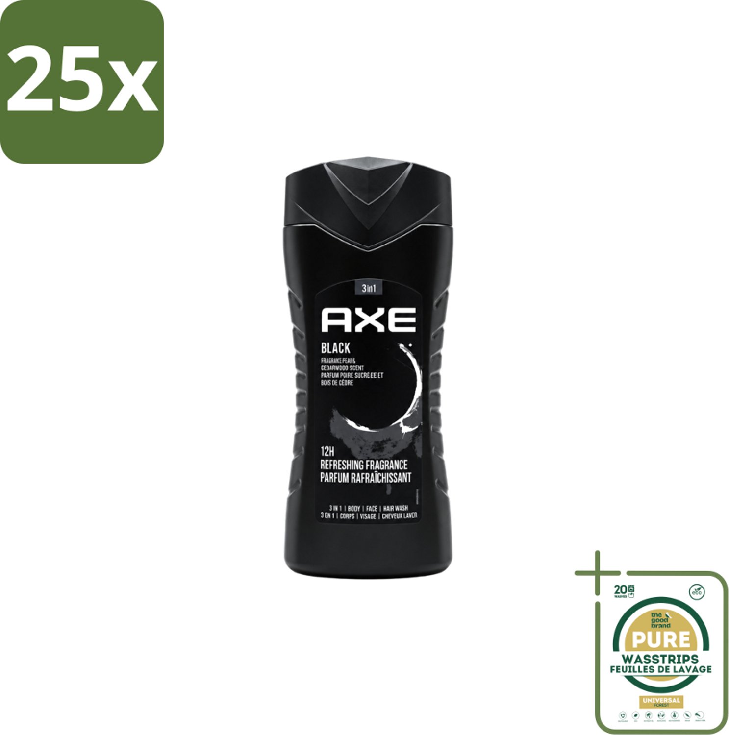 25 x Axe – Douchegel – Black – Houtachtig & Fris - 250 ml - Wasstrips - Douchegel - Frisheid - Mannelijke Geur - Cederhout - Peer