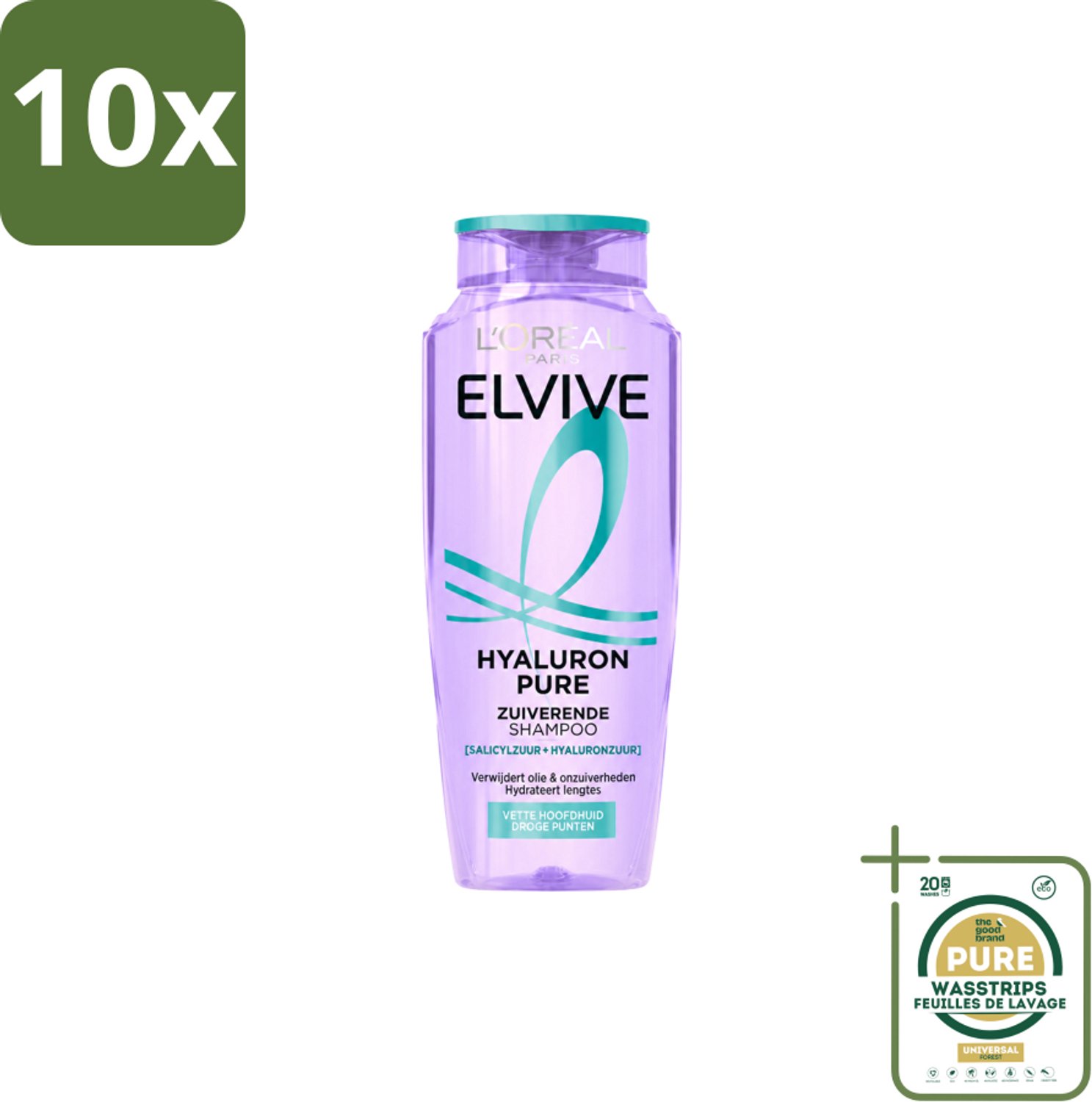 10 x L’Oréal Paris Elvive – Shampoo – Hyaluron Pure – Zuiverend – 250 ml - Wasstrips - Shampoo Voor Vette Hoofdhuid - Zuiverende Shampoo - Hyaluronzuur Shampoo - Salicylzuur Shampoo - Droge Punten