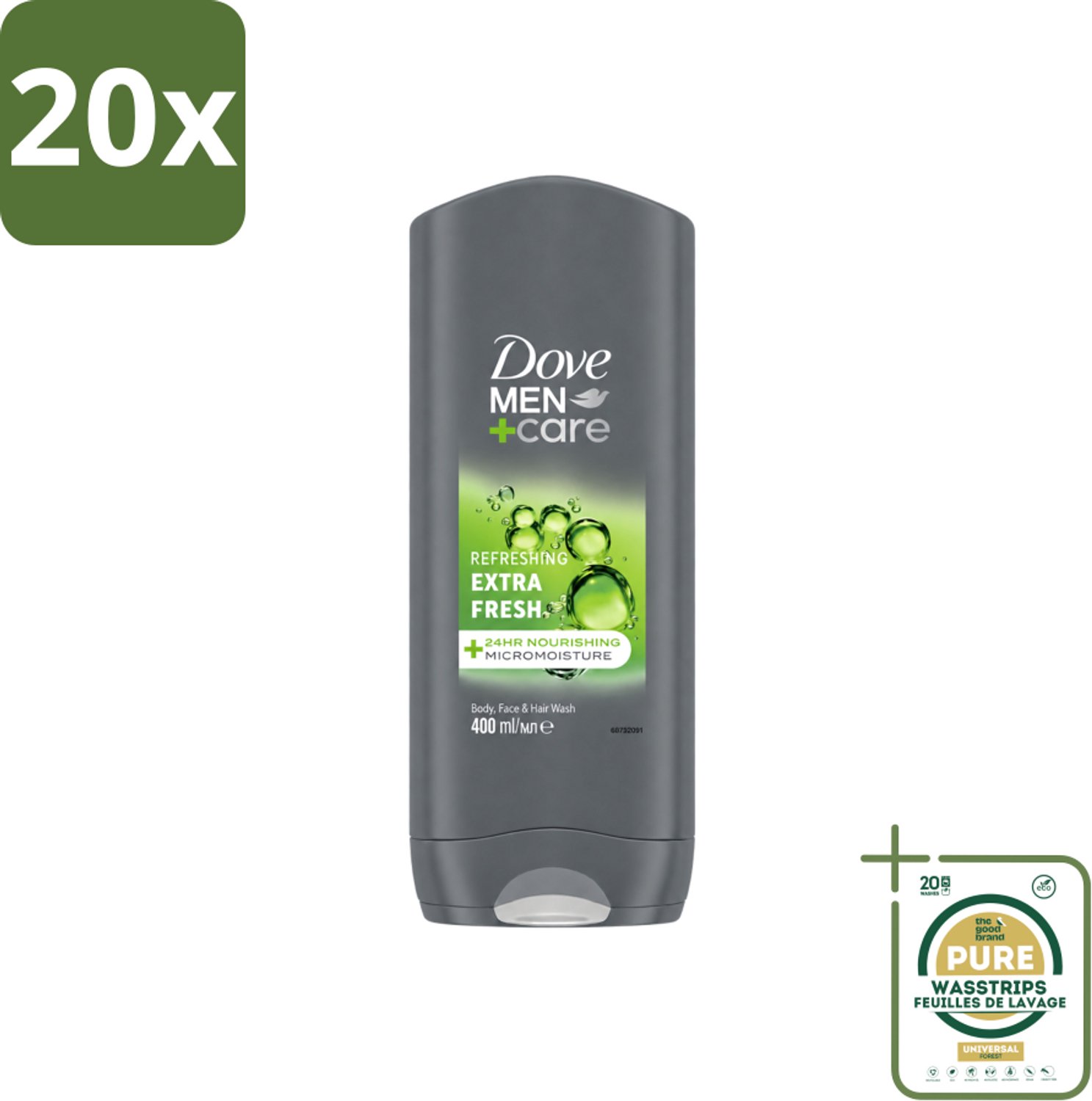 20 x Dove - Douchegel - Men+ Care Extra Fresh - Verfrissend - 400 ml - Wasstrips - Douchegel Mannen - Reiniging Mannenhuid - Frisse Geur - Energie Gevoel - Milde Douchegel
