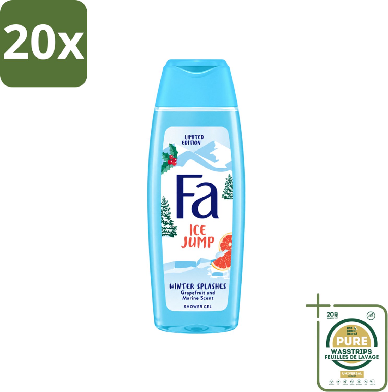 20 x Fa - Douchegel - Winter Splashes Ice Jump - Frisse Geur & Verfrissing - Verzorgend - 250 ml - Wasstrips - Douchegel - Winter - Zeebries - Grapefruit - Verfrissend