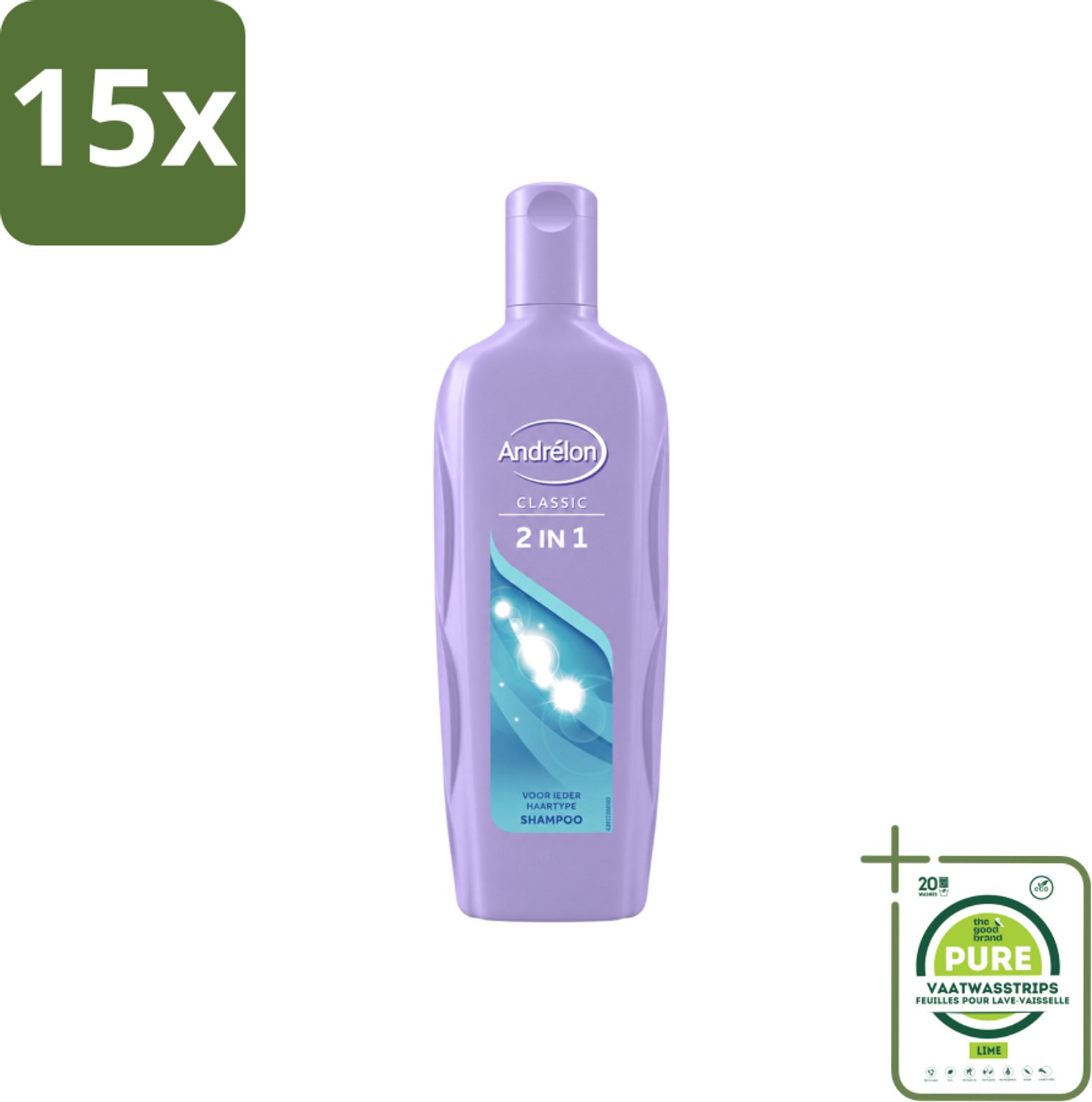 15 x Andrélon – Shampoo – 2-in-1 – 450 ml - Grootverpakking - Vaatwasstrips - Shampoo 2 In 1 - Haar Reinigen - Haar Verzorgen - Zacht Haar - Soepel Haar