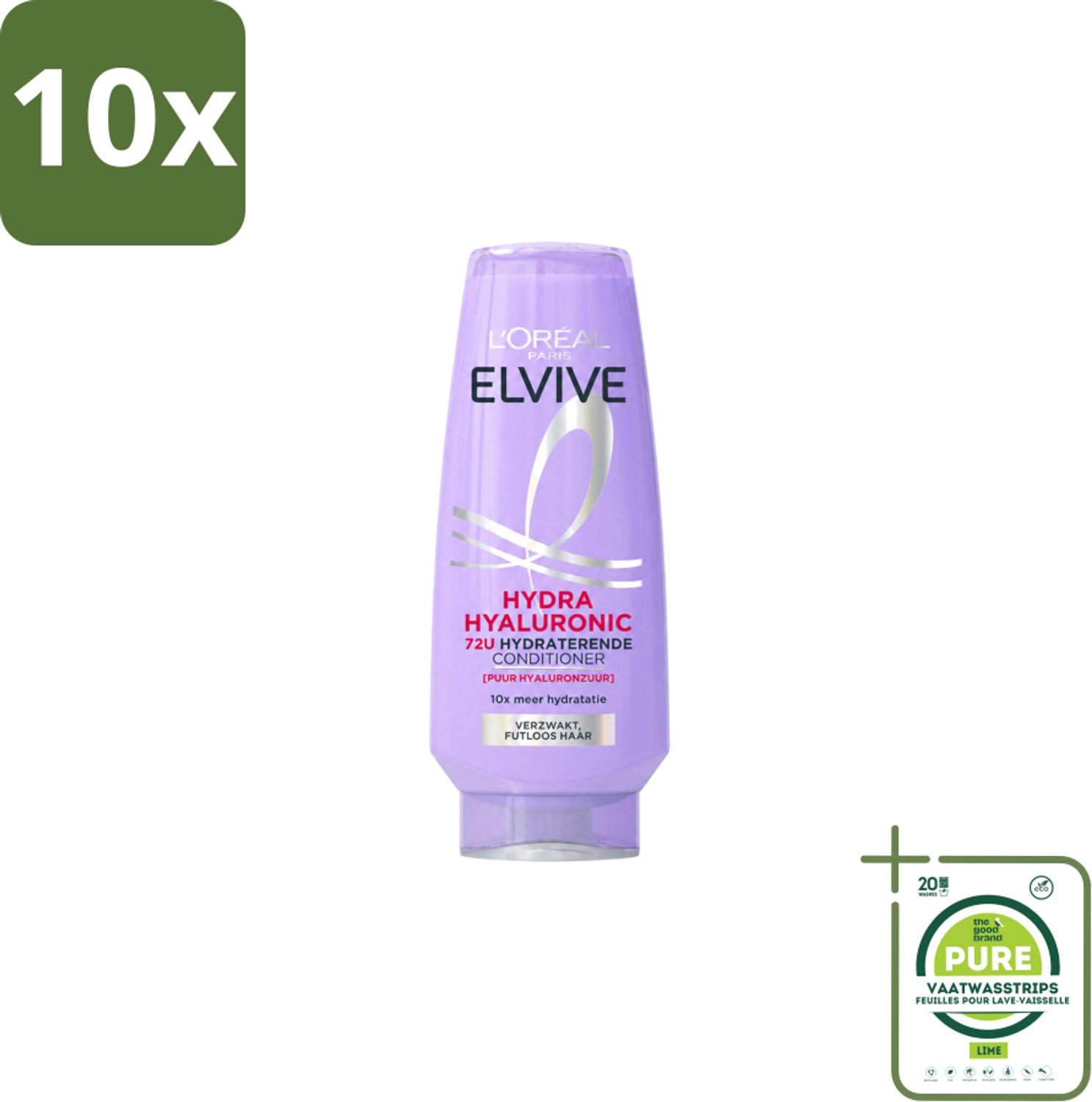 10 x L’Oréal Paris Elvive – Conditioner – Hydra Hyaluronic Hydraterend – 200 ml - Grootverpakking - Vaatwasstrips - Hydratatie - Hyaluronzuur - Ontwarring - Droog Haar - Pluizen