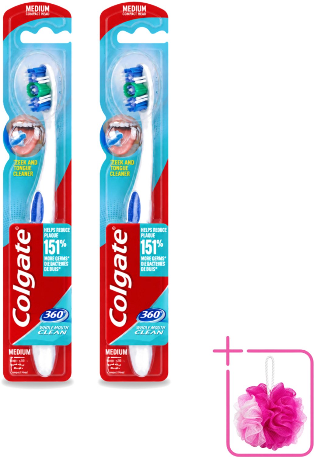 2 x Colgate - Tandenborstel - 360 Whole Mouth Clean Medium - Wit/Blauw - 1 Tandenborstel - Bulkverpakking - Tandenborstel - Douchemop - Mondhygiëne
