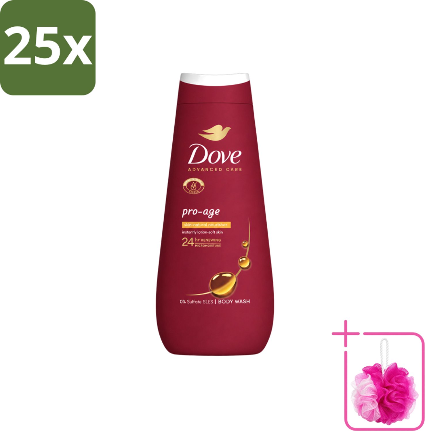 25 x Dove – Douchegel – Pro Age Body Wash – 400 ml - Bulkverpakking - Douchegel voor rijpere huid - Douchemop - Huidverzorging