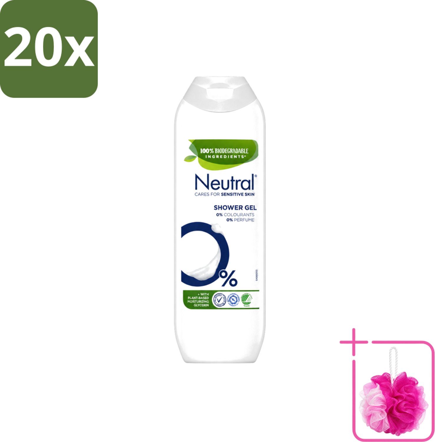 20 x Neutral – Douchegel – Parfumvrij – 250 ml - Bulkverpakking - Gevoelige huid - Douchemop - Douchegel