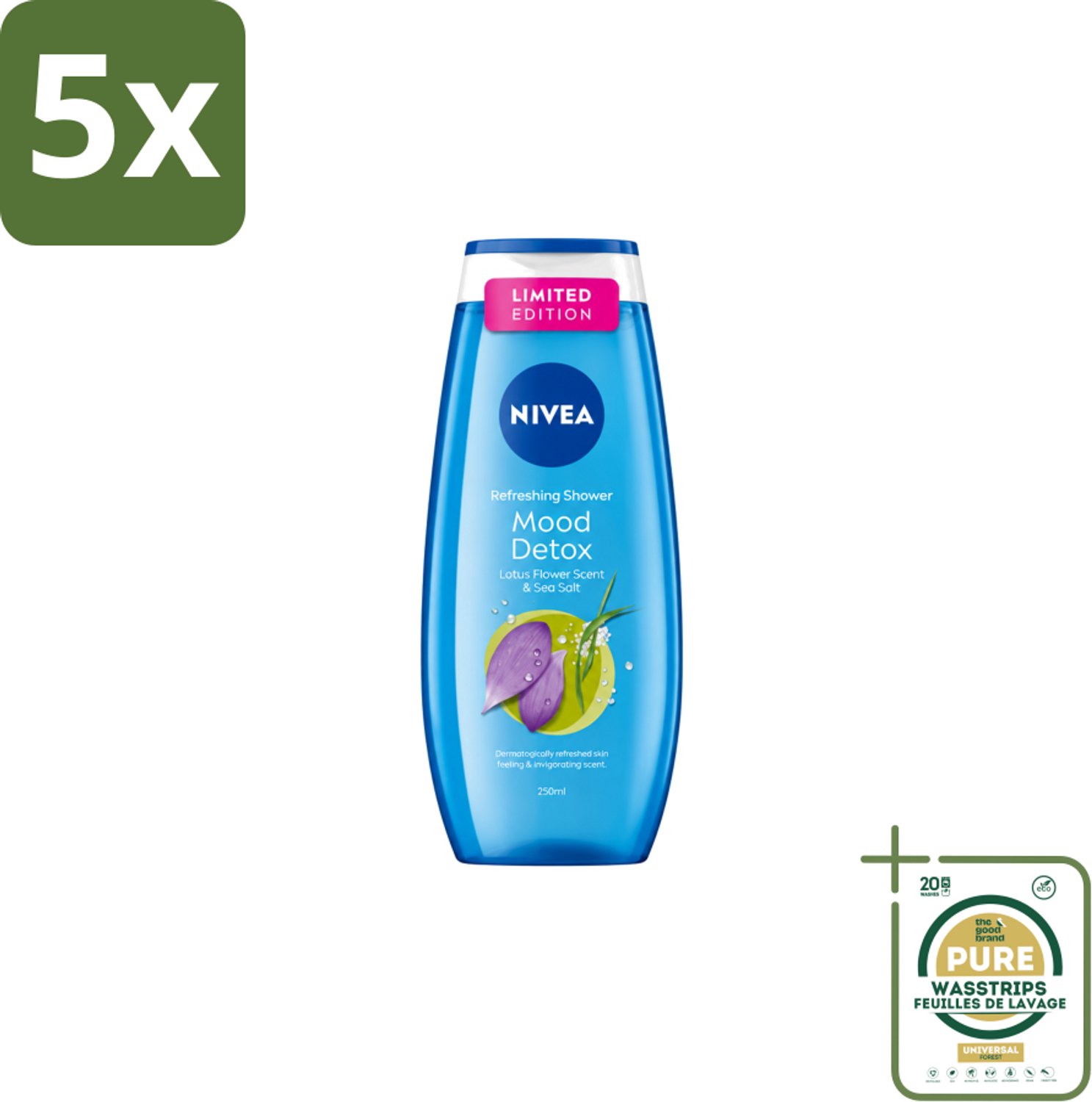 5 x Nivea – Douchegel – Creme Mood Detox – 250 ml - Wasstrips - Douchegel - Ontspanning - Zeezout - Huidverzorging - Mild Reinigen