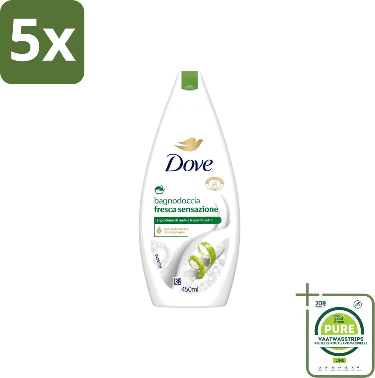 5 x Dove – Douchegel – Fresh Sensation – 450 ml - Grootverpakking - Vaatwasstrips - Douchegel - Fris Gevoel - Mild Reinigen - Huid Verzorgen - Schuim