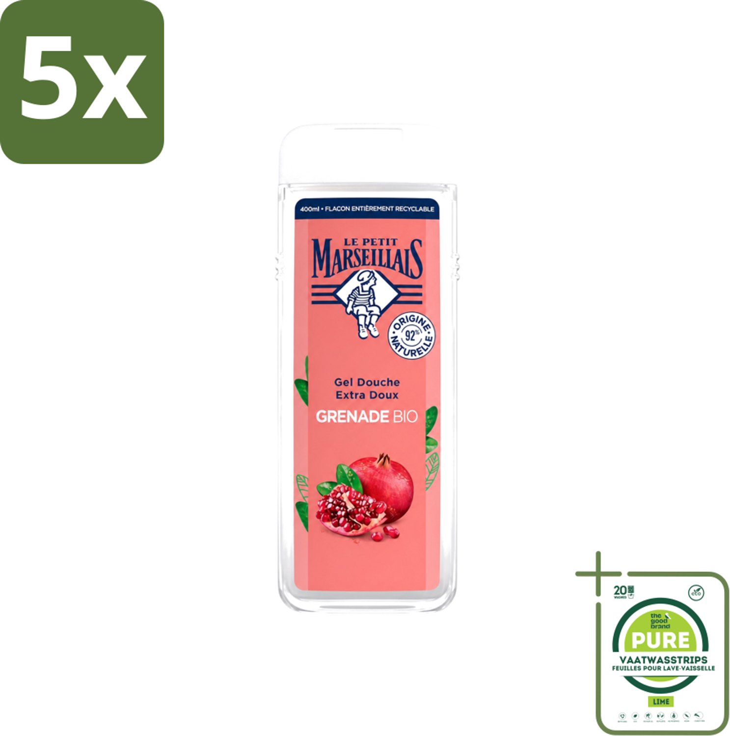5 x Le Petit Marseillais – Douchegel – Grenade Bio – 400 ml - Grootverpakking - Vaatwasstrips - Douchegel - Biologische Douchegel - Granaatappel Geur - Natuurlijke Douchegel - Gezondheid