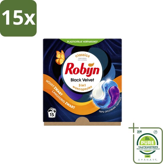 15 x Robijn – 3-in-1 Wascapsules – Black Velvet – 15 capsules - Grootverpakking - Vaatwasstrips - Zwarte Was - Zwart Kleding - Kleurbehoud - Wascapsules - Black Serum