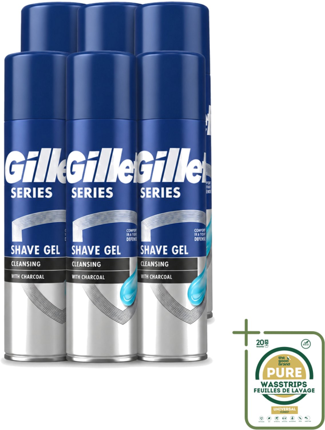 6 x Gillette Series - Scheergel - Cleansing - Charcoal - Verfrissend en reinigend - 200 ml - Wasstrips - Scheergel - Houtskool - Menthol - Reinigende Scheergel - Verfrissend