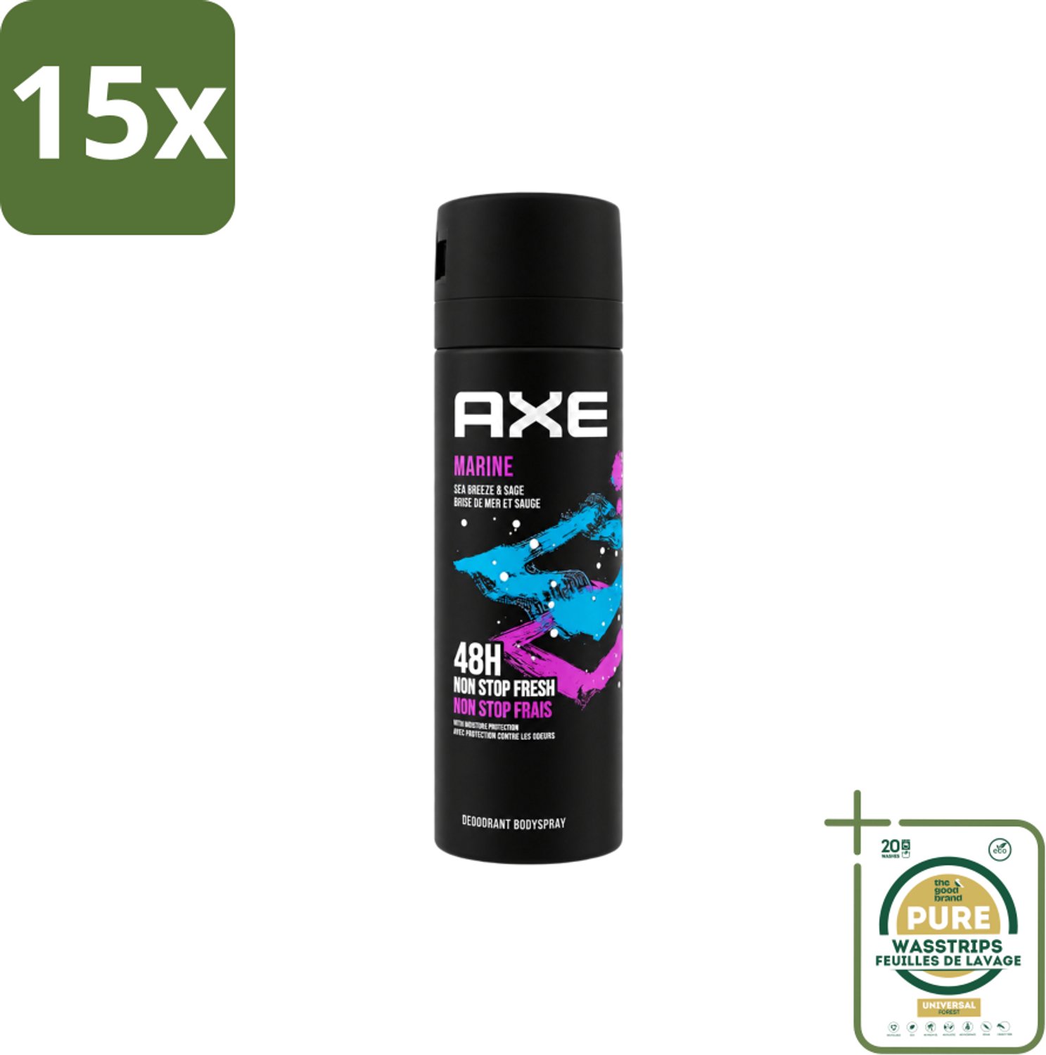 15 x Axe - Deodorant Bodyspray - 100% Fresh Fragrance - Marine - Sea Breeze & Sage - 150 ml - Wasstrips - Deodorant Bodyspray - Marine Geur - Zeebries - Salie - Geurfrisheid