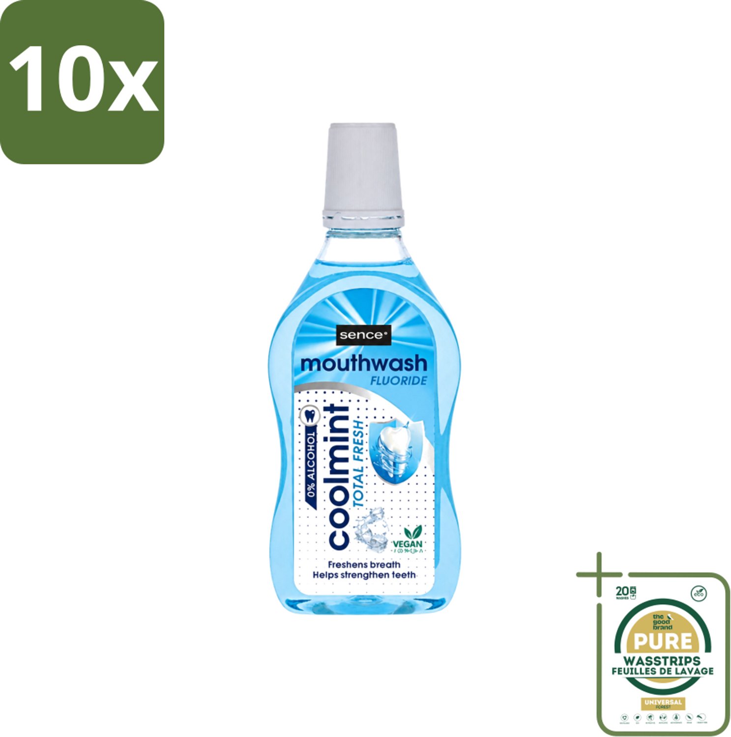 10 x Sence - Fresh Coolmint - Mondwater - Verfrissend - 500 ml - Wasstrips - Mondwater - Frisse Adem - Koele Mint - Fluoride - Gaatjes Voorkomen