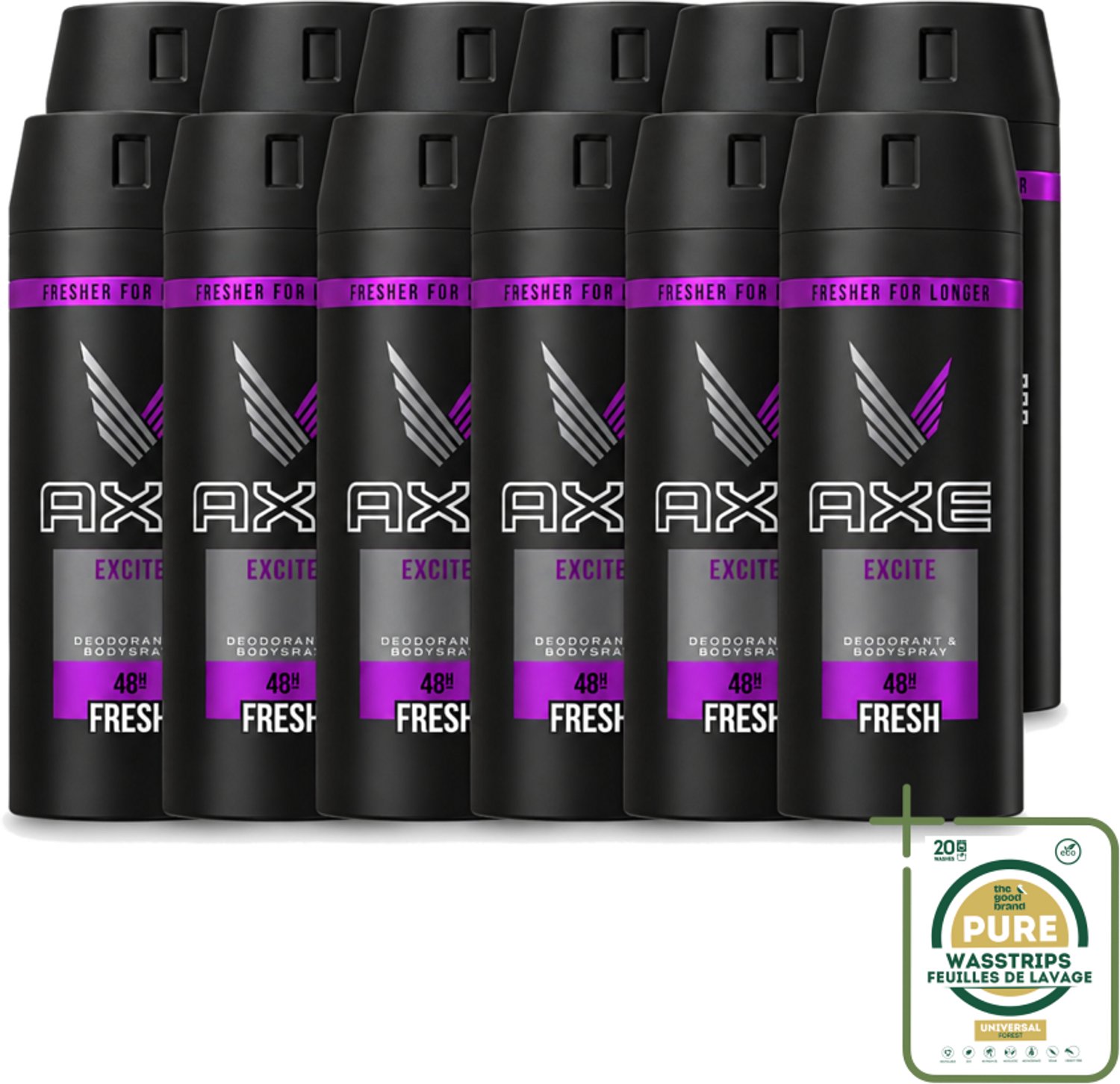 12 x Axe - Deodorant Bodyspray - 48hrs Fresh - Excite - 150 ml - Wasstrips - Axe Excite - Deodorant Bodyspray - Geur - Lichaamsgeur Bescherming - Langdurige Bescherming