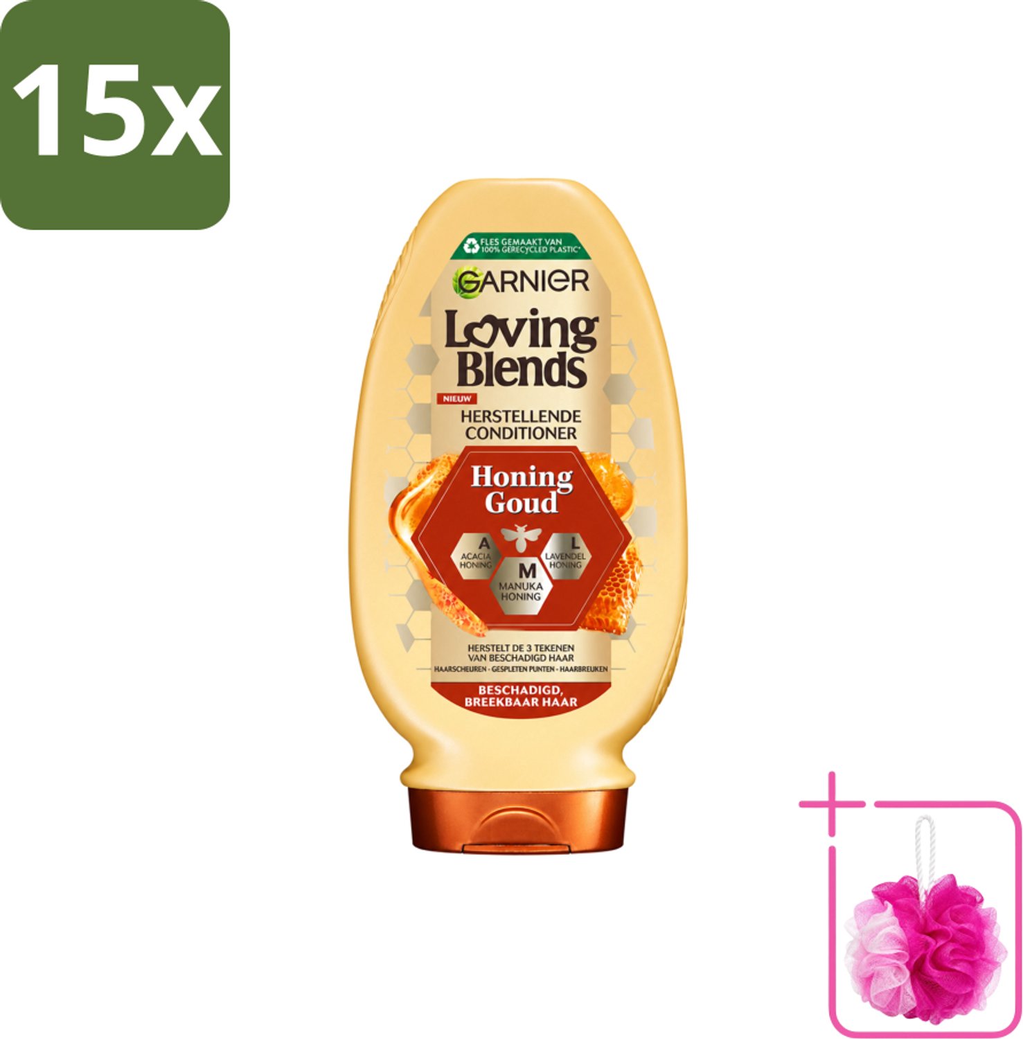 15 x Garnier - Loving Blends - Conditioner - Honing Goud - Beschadigd & Breekbaar Haar - 250 ml - Bulkverpakking - Conditioner voor beschadigd haar - Douchemop - Herstel haar